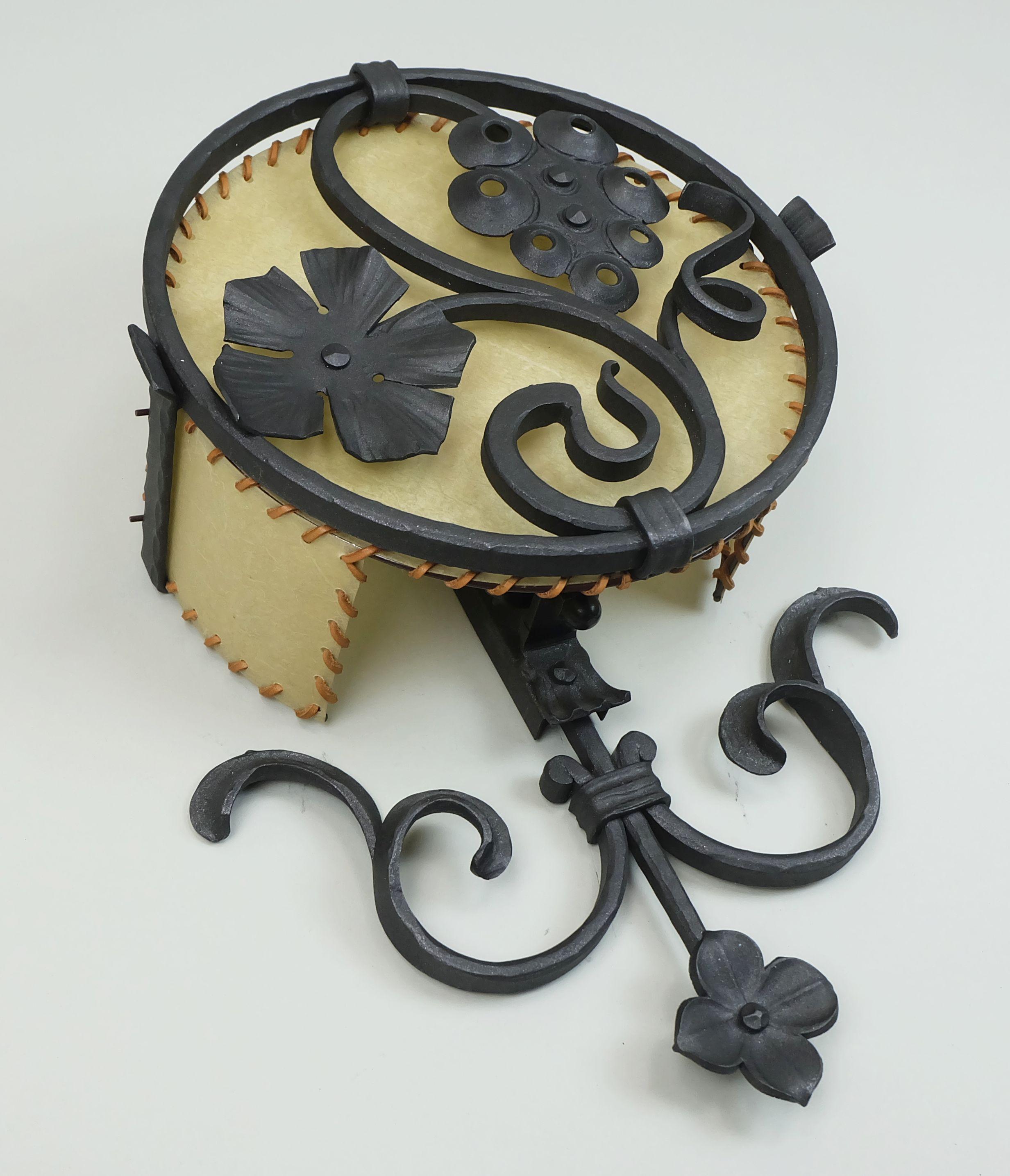 Wrought Iron 1970s vintage WALL LAMP wrought iron and parchment koch & sons brutalist rustic For Sale