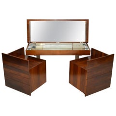 1970s Vintage Walnut and Chrome Dressing Table and Chests