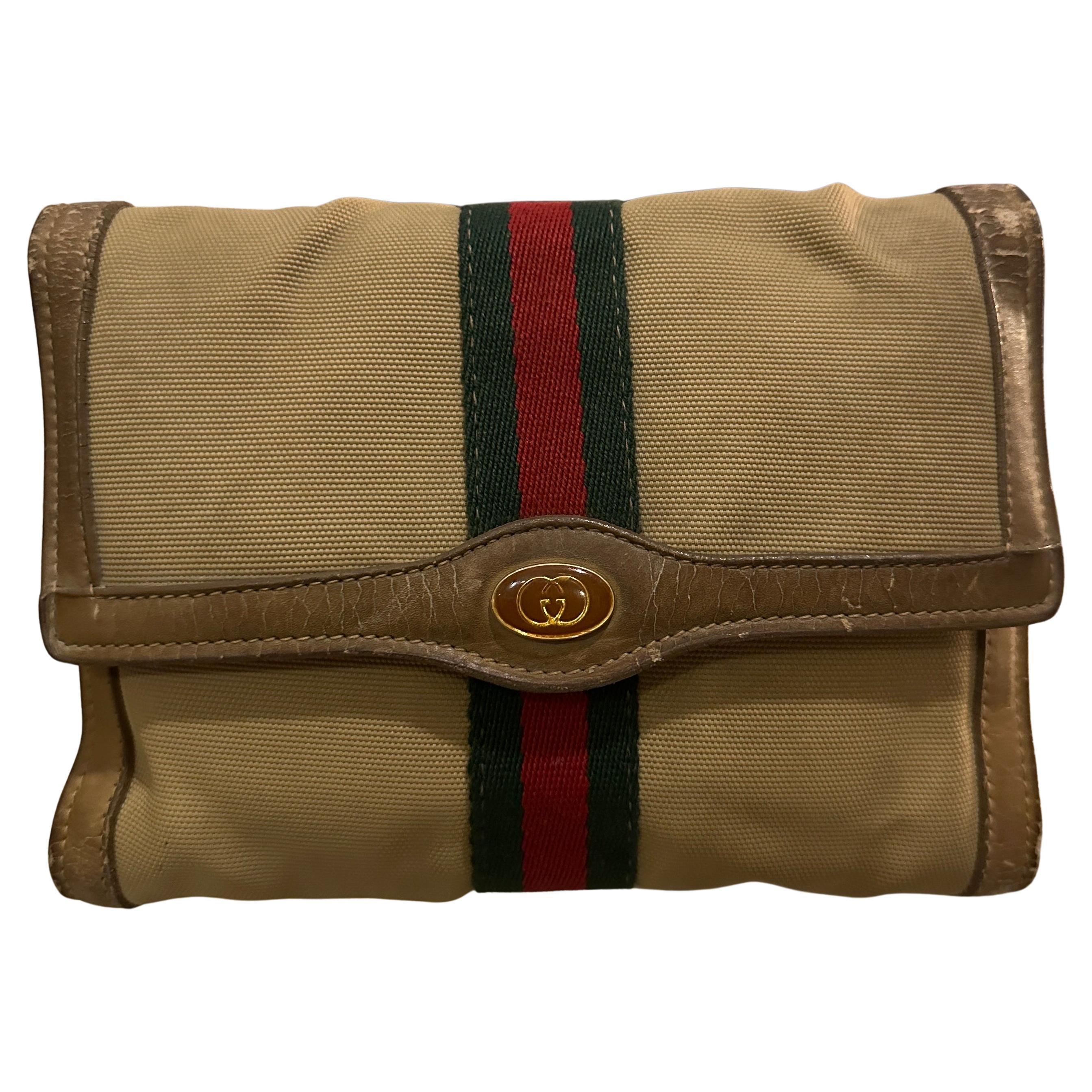 1970s Vintage Web Stripe Necessaire Clutch by Gucci For Sale