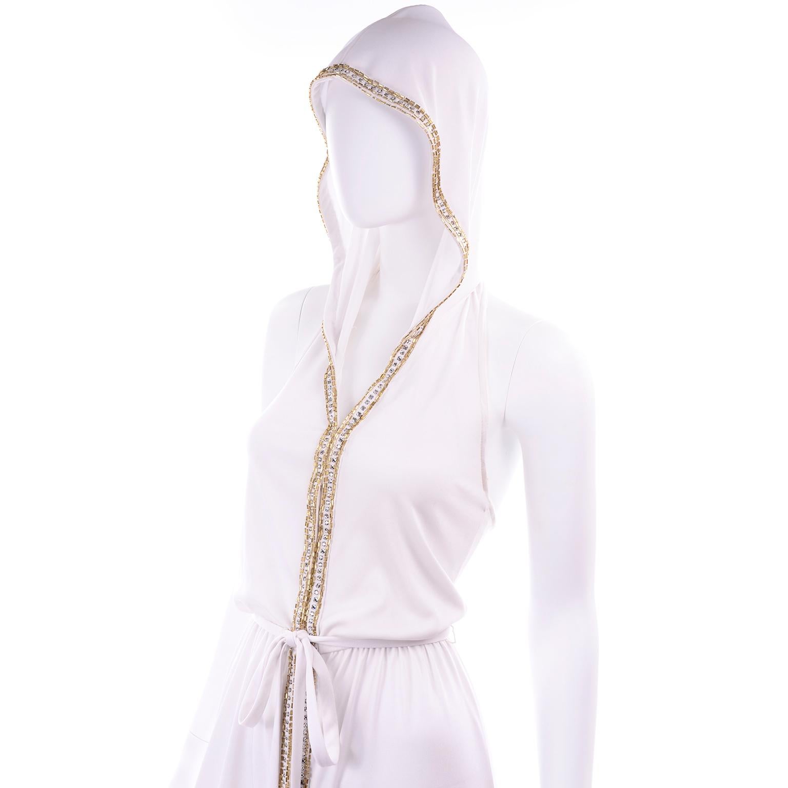 1970s Vintage White Hooded Jersey Maxi Dress With Gold Beads & Rhinestones 2