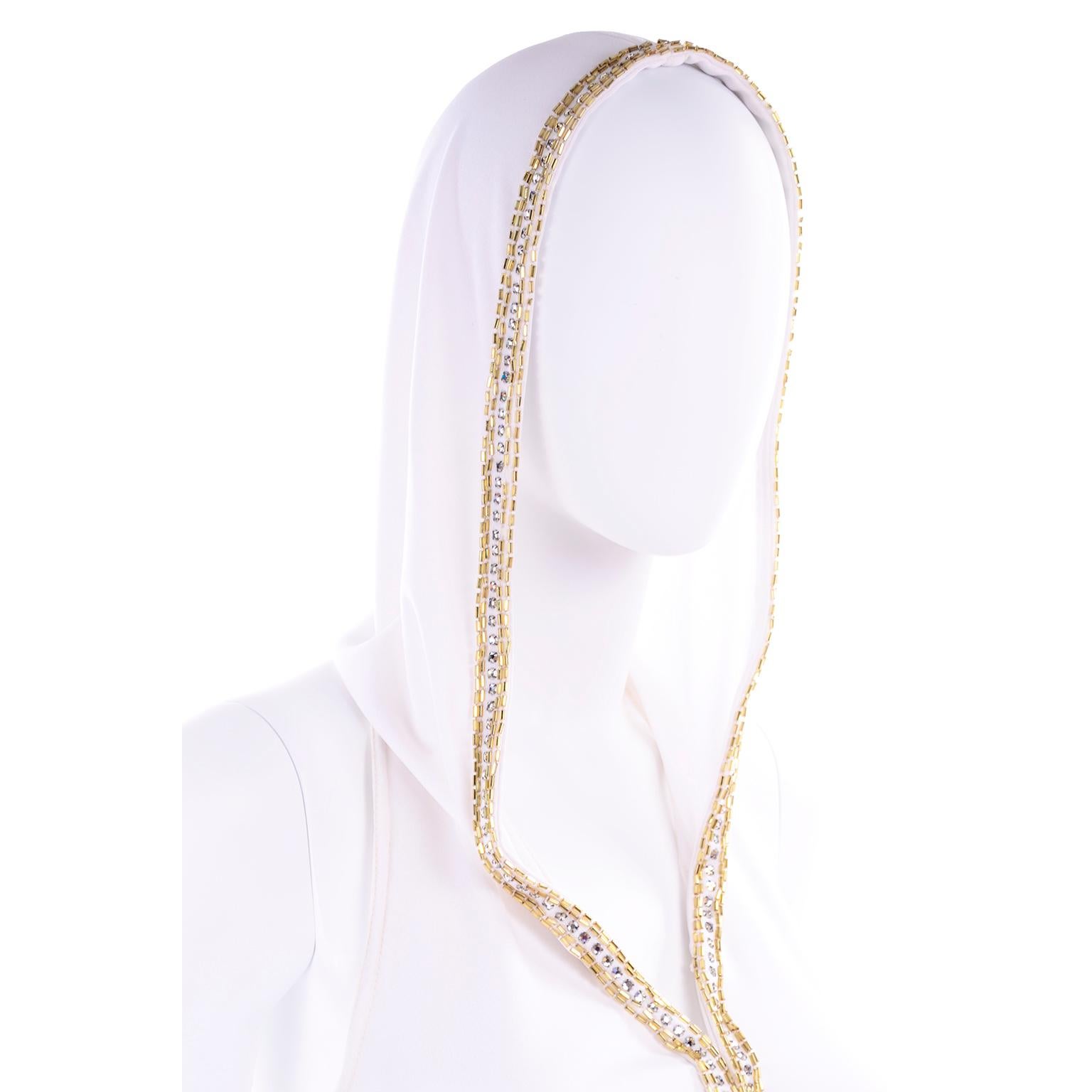 1970s Vintage White Hooded Jersey Maxi Dress With Gold Beads & Rhinestones 4