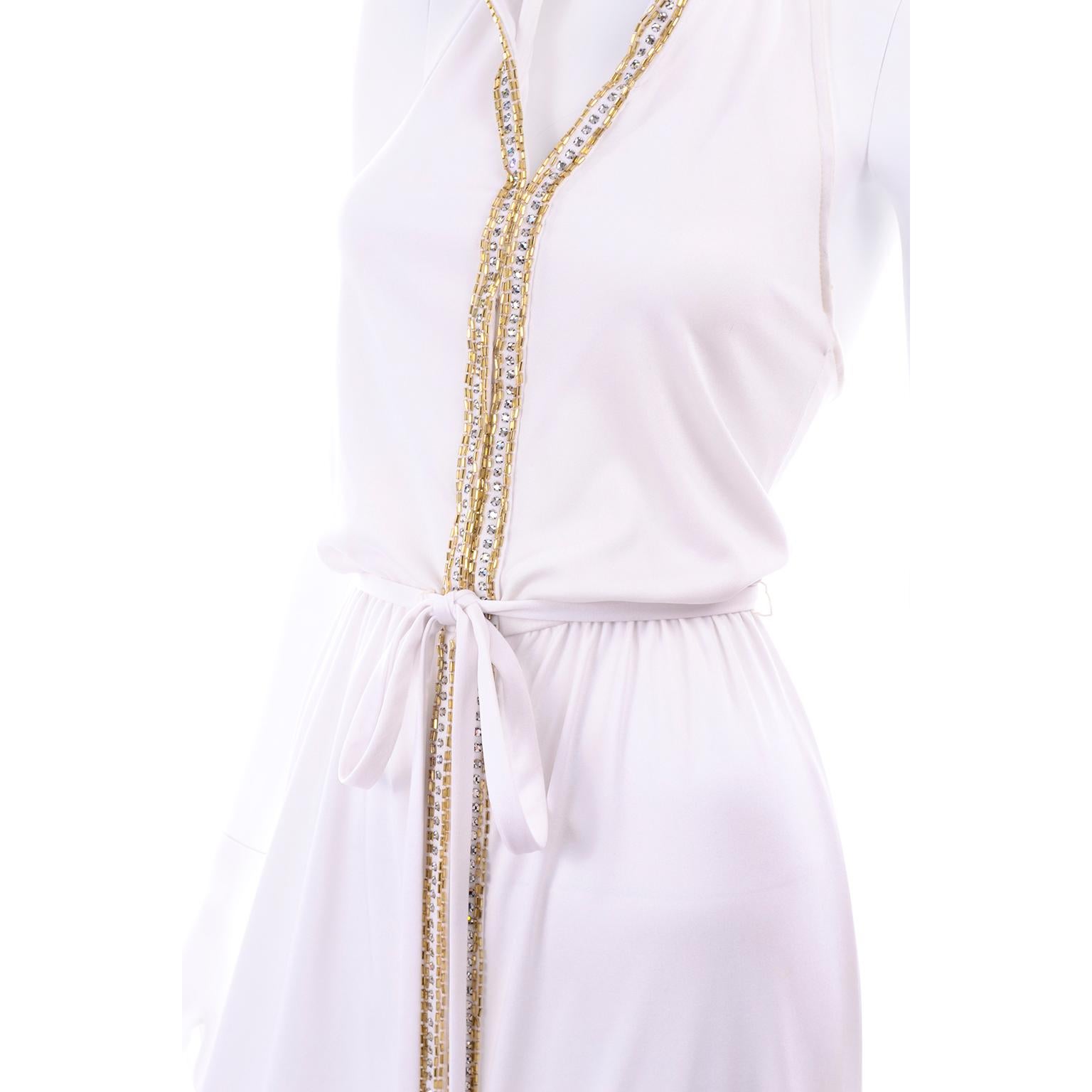 1970s Vintage White Hooded Jersey Maxi Dress With Gold Beads & Rhinestones 6