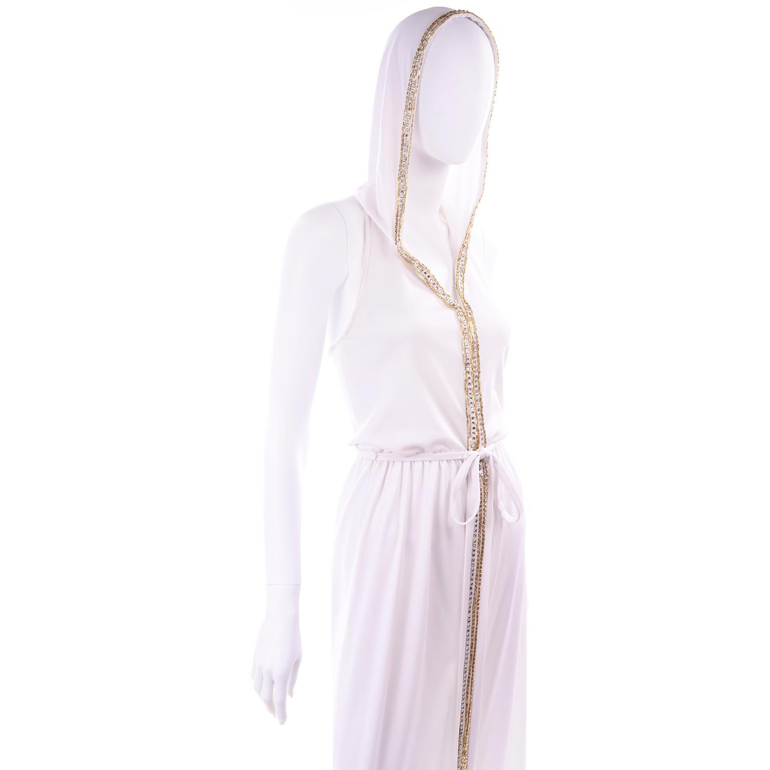 1970s Vintage White Hooded Jersey Maxi Dress With Gold Beads & Rhinestones 9