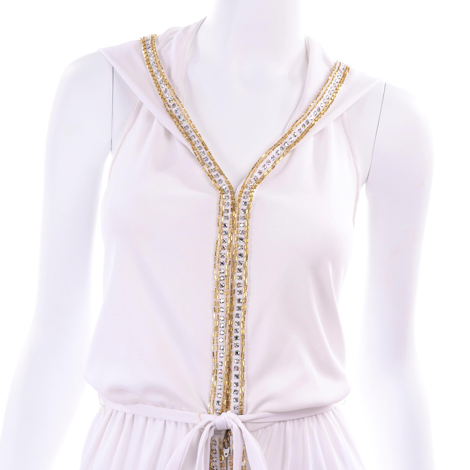 1970s Vintage White Hooded Jersey Maxi Dress With Gold Beads & Rhinestones 10