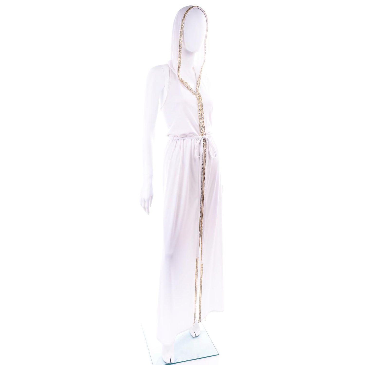 1970s Vintage White Hooded Jersey Maxi Dress With Gold Beads And