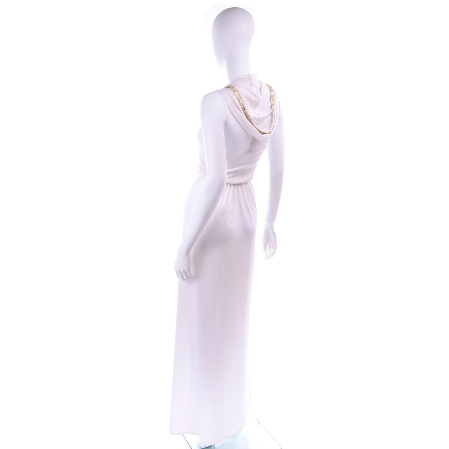 Gray 1970s Vintage White Hooded Jersey Maxi Dress With Gold Beads & Rhinestones