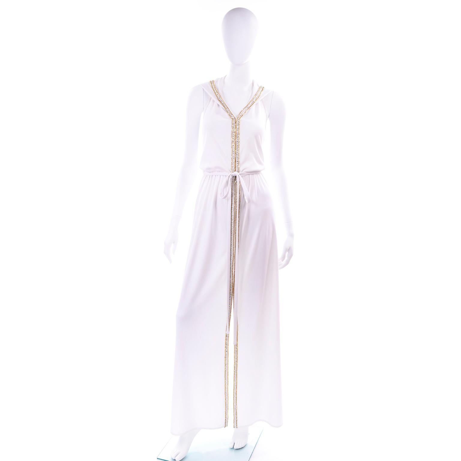 1970s Vintage White Hooded Jersey Maxi Dress With Gold Beads & Rhinestones 1