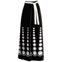 1970s Vintage White Mod Embroidery Black Velvet Palazzo Pants with Leather Belt
