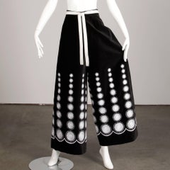 1970s Vintage White Mod Embroidery Black Velvet Palazzo Pants with Leather Belt