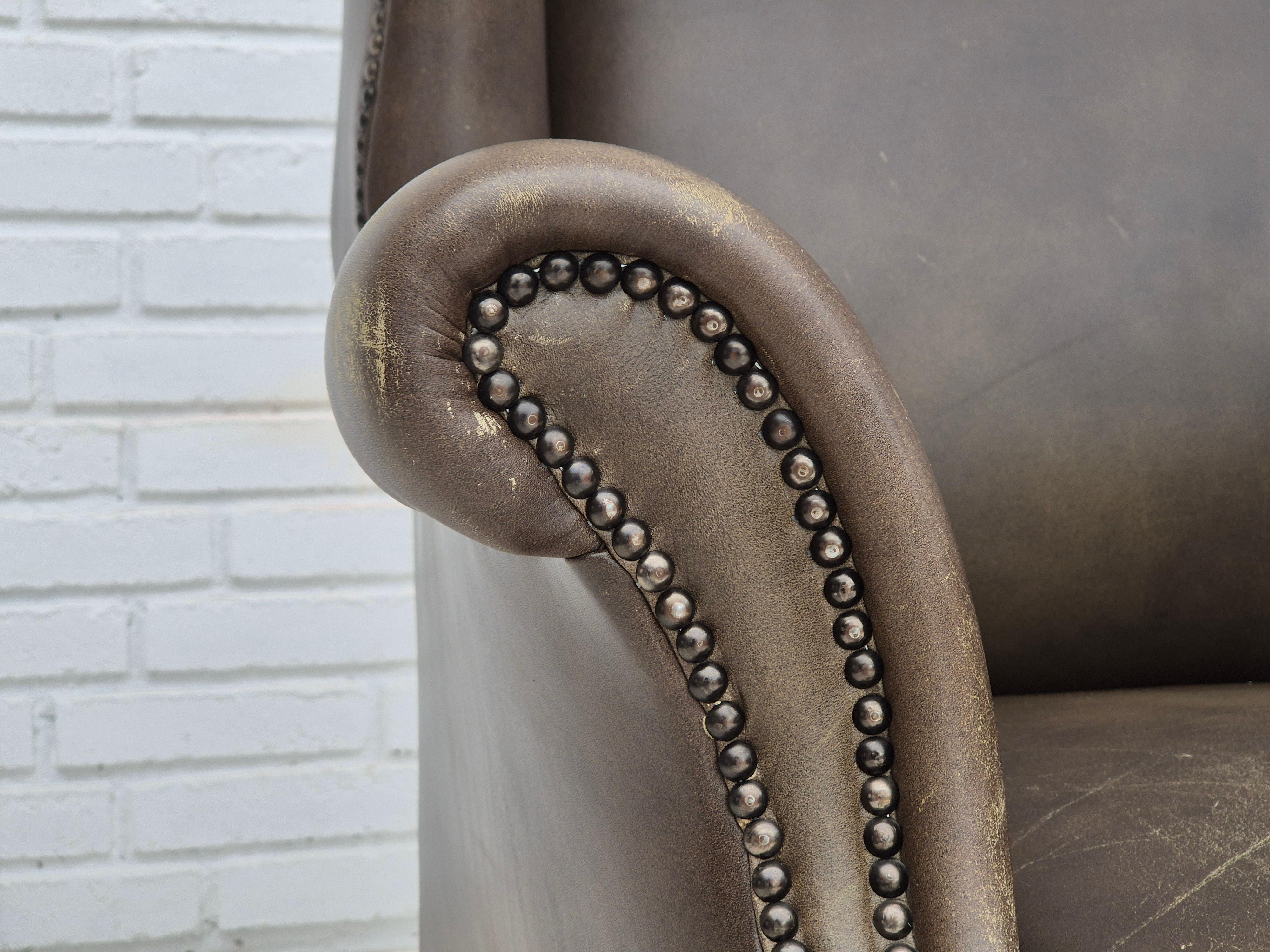 1970s, Vintage wingback armchair, original condition, leather, beech wood. 3