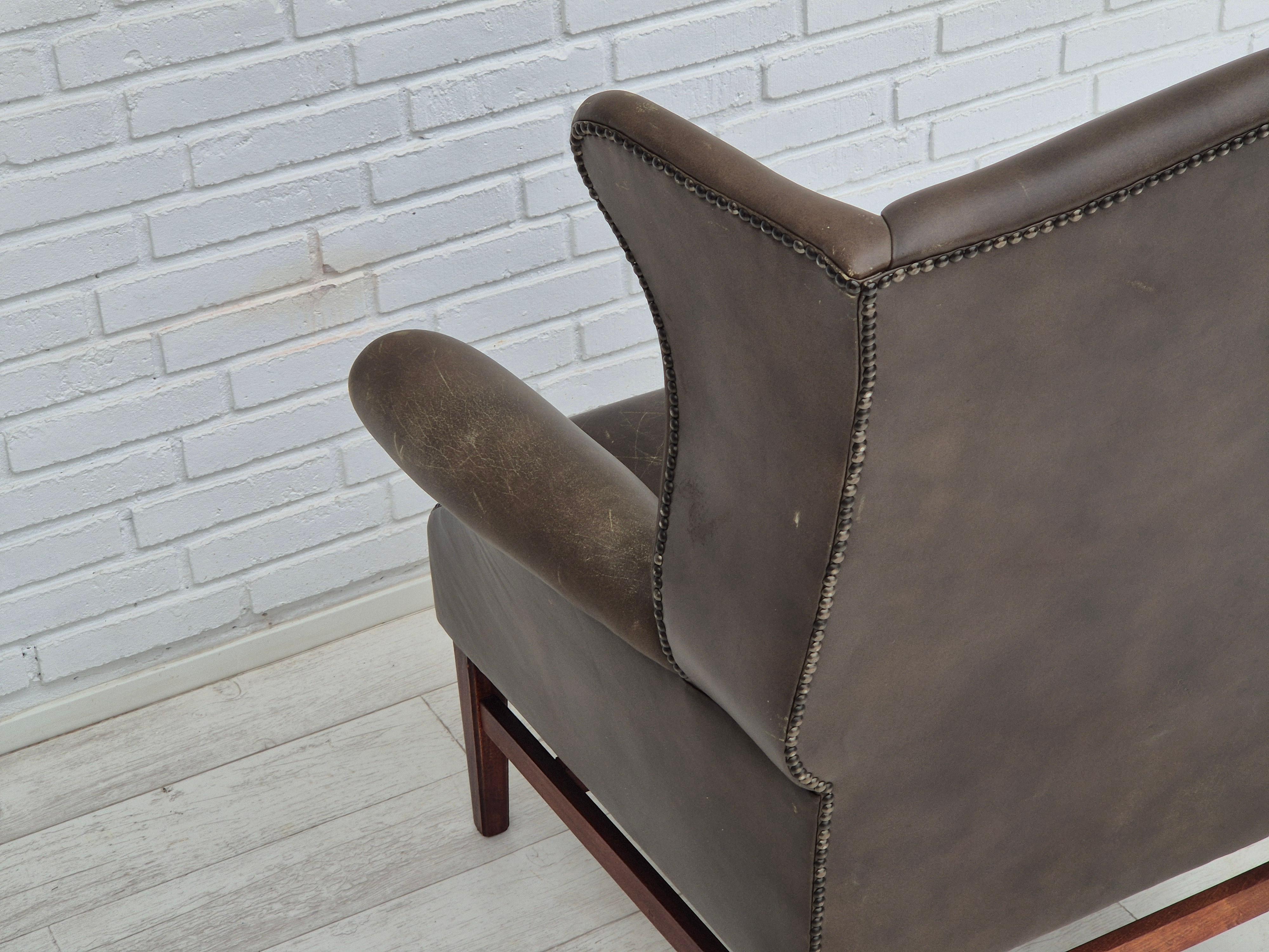 1970s, Vintage wingback armchair, original condition, leather, beech wood. 6