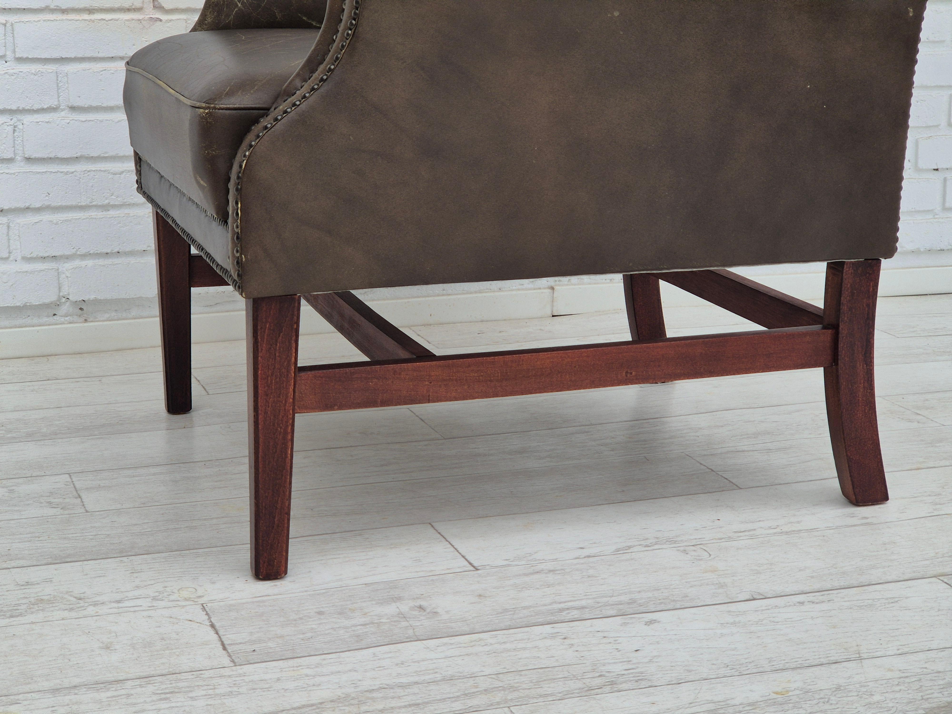 1970s, Vintage wingback armchair, original condition, leather, beech wood. 8