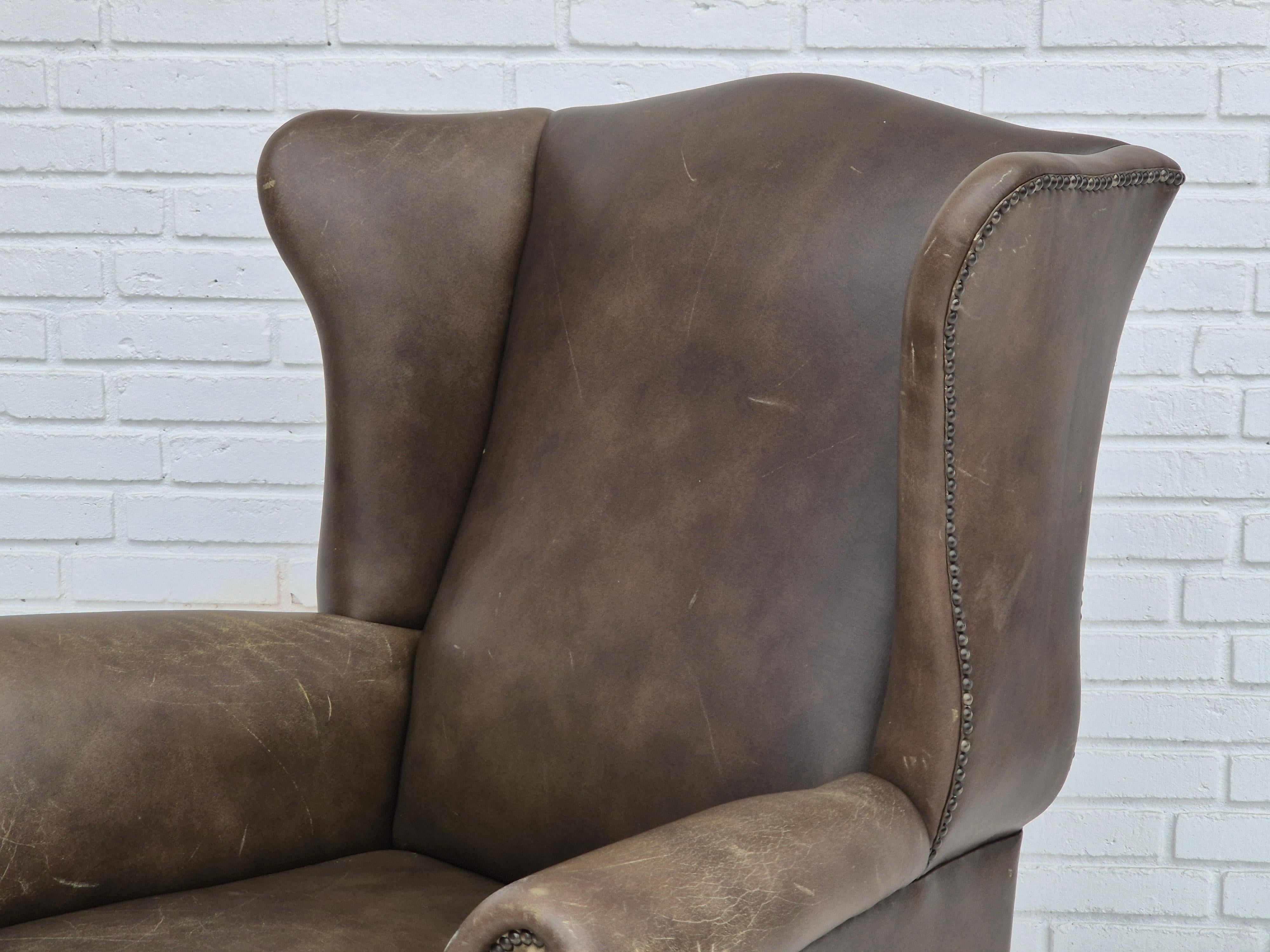 1970s, Vintage wingback armchair, original condition, leather, beech wood. 9