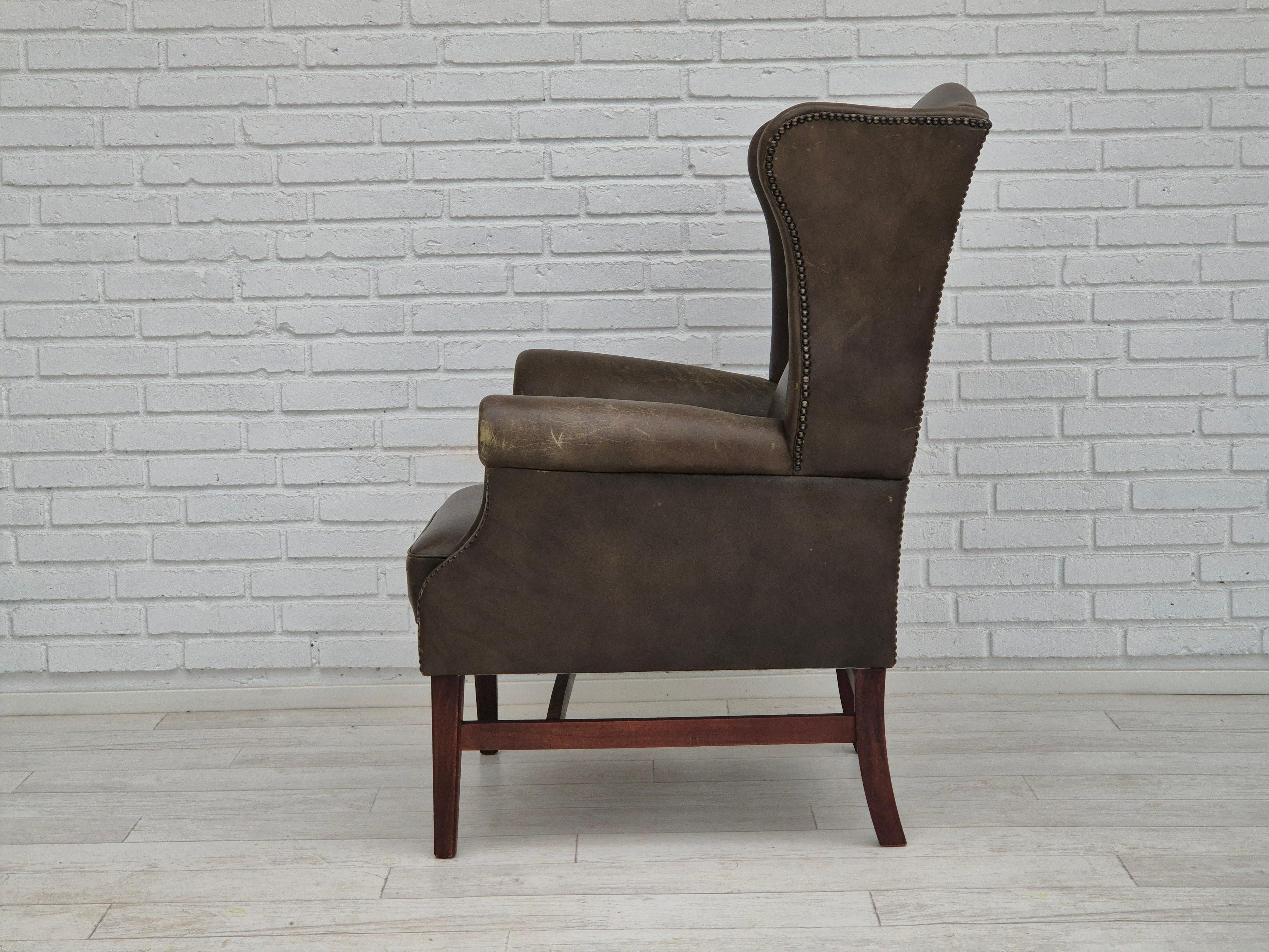 1970s, Vintage wingback armchair, original condition, leather, beech wood. 2