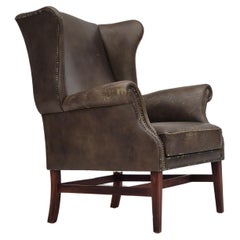 1970s, Vintage wingback armchair, original condition, leather, beech wood.