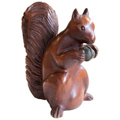 1970s Vintage Wooden Carved Squirrel Sculpture with Bronze Nut