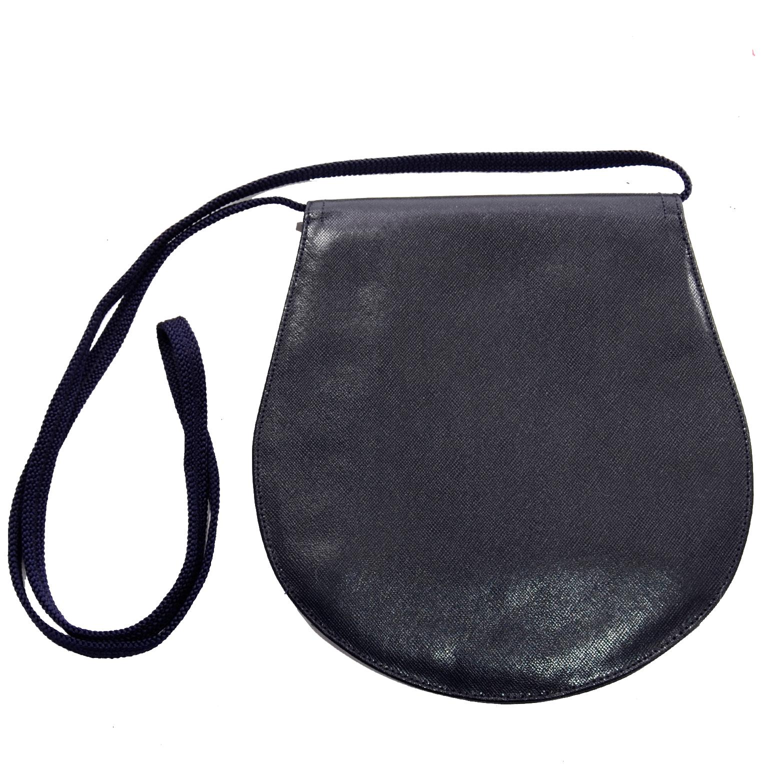Black 1970s Vintage Yves Saint Laurent Navy Blue Leather YSL Shoulder Bag