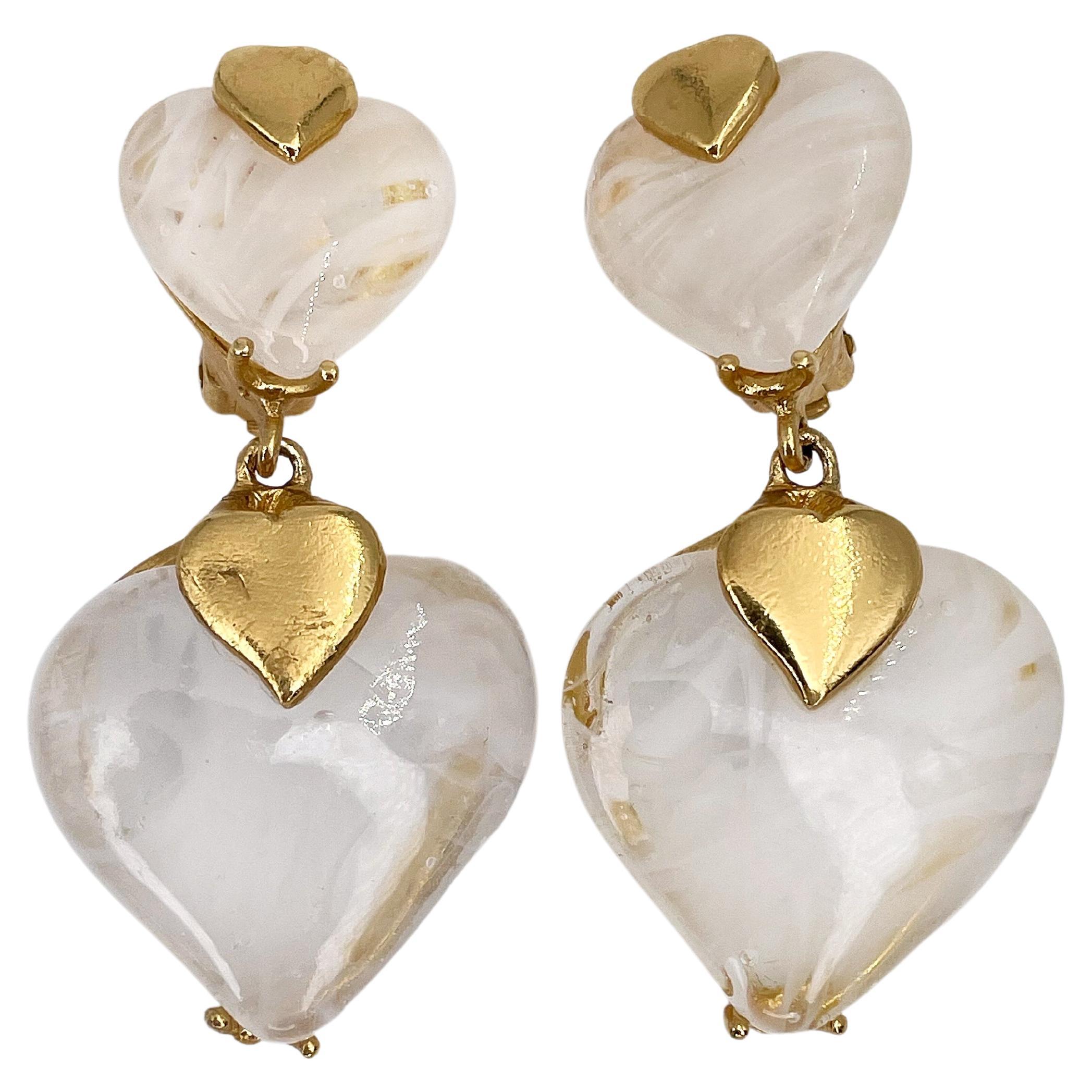 1970s Vintage Yves Saint Laurent White Lucite Heart Clip on Earrings