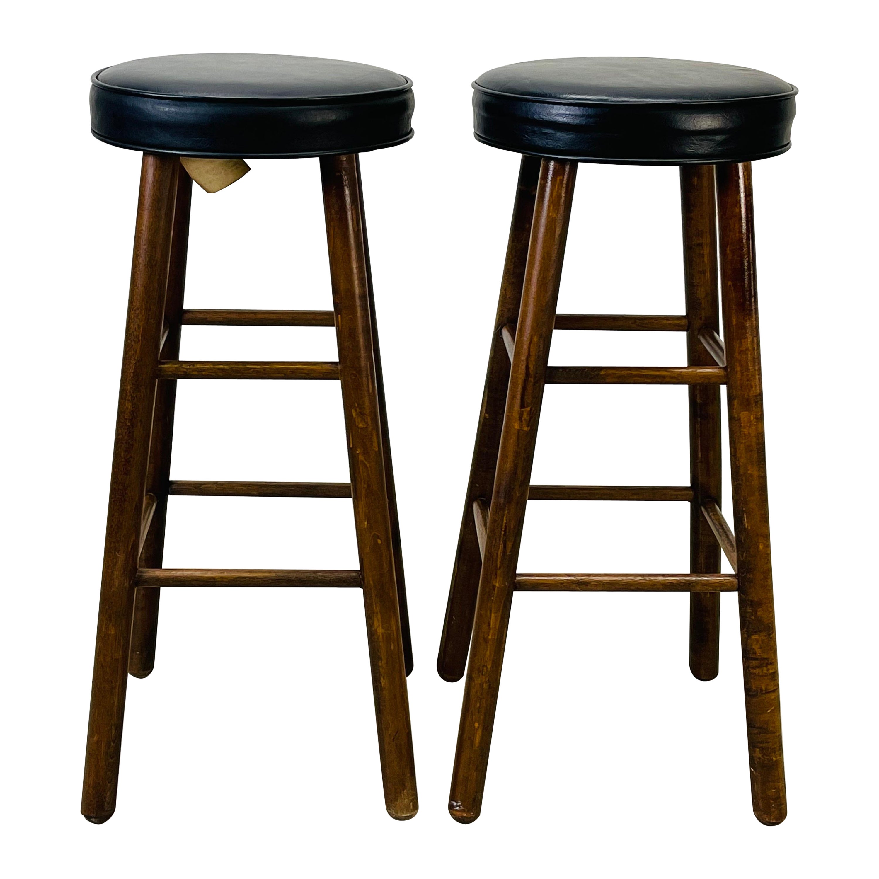 1970s Vinyl Top Round Bar Stools, Pair