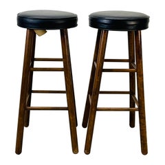 1970s Vinyl Top Round Bar Stools, Pair