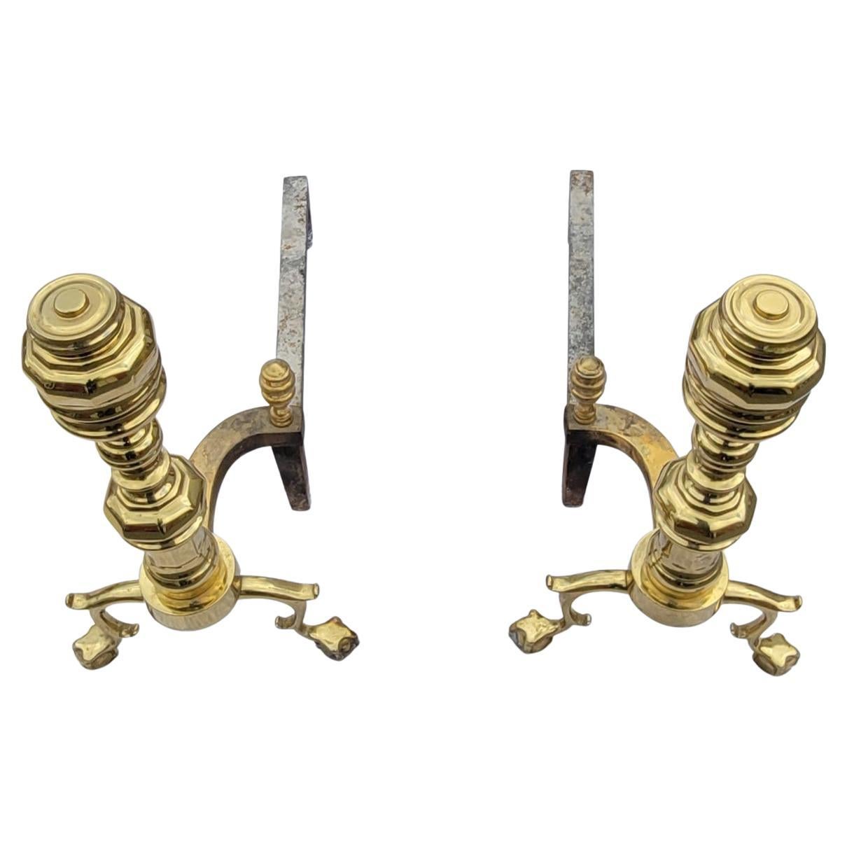 We are offering from a Richmond, Virginia estate a very fine pair of Virginia Metalcrafters (Harvin) brass andirons in the 