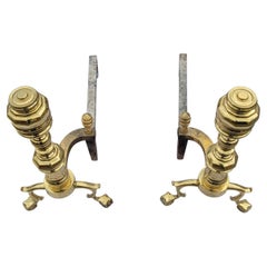 1970s Virginia Metalcrafters Cast Polished Brass and Iron Andirons