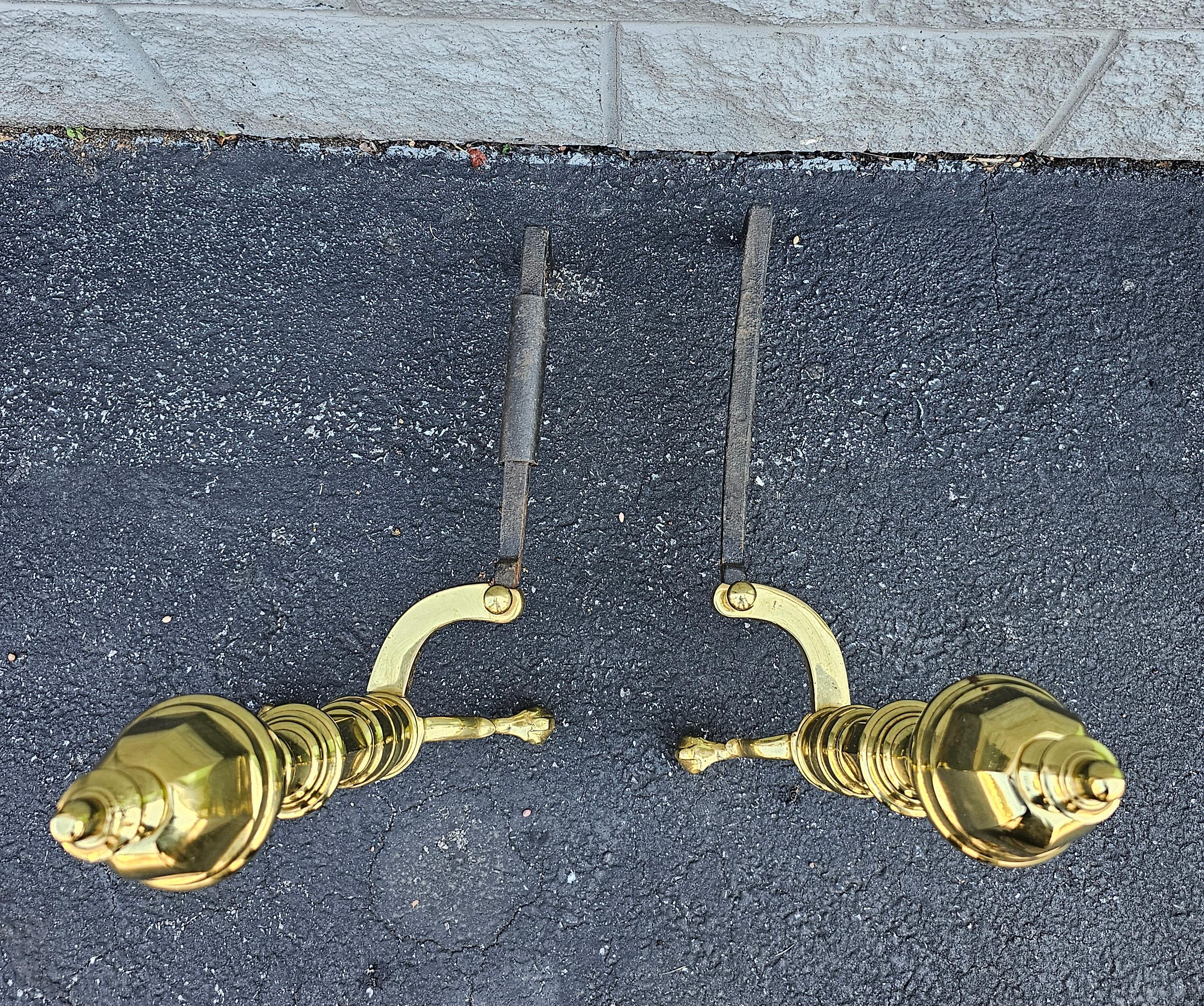 Mid-Century Modern 1980s Virginia Metalcrafters Polished Brass and Iron Andirons For Sale