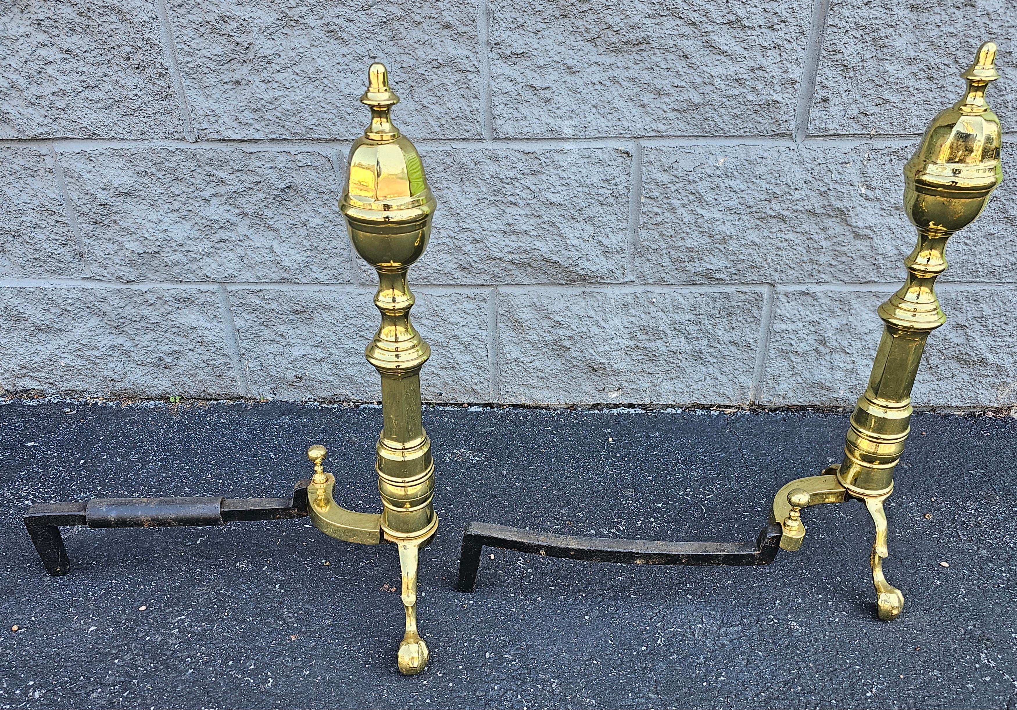 Metalwork 1980s Virginia Metalcrafters Polished Brass and Iron Andirons For Sale