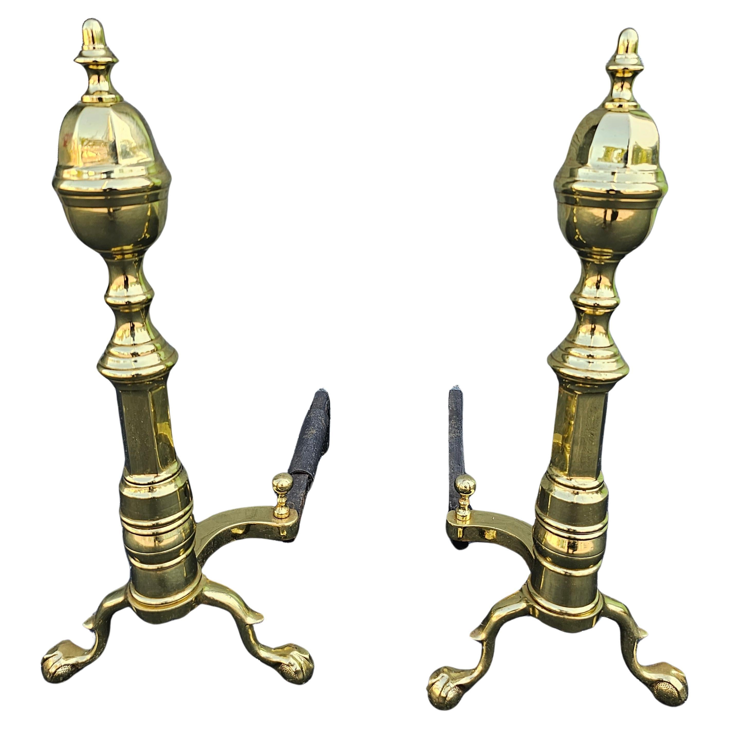 1980s Virginia Metalcrafters Polished Brass and Iron Andirons For Sale