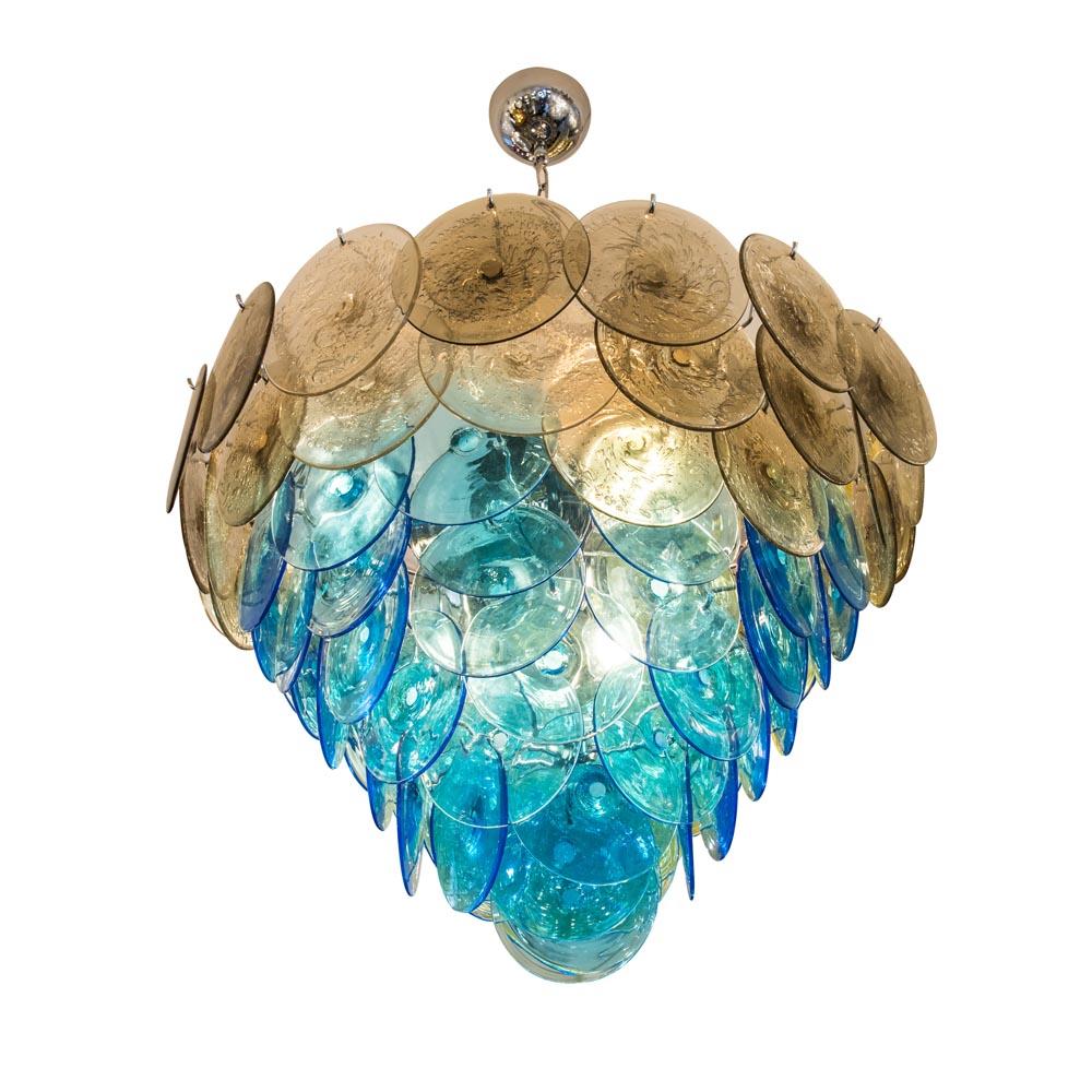 Italian 1970s Disc Ceiling Light Blue and Smoke Blown Glass Components Murano 2