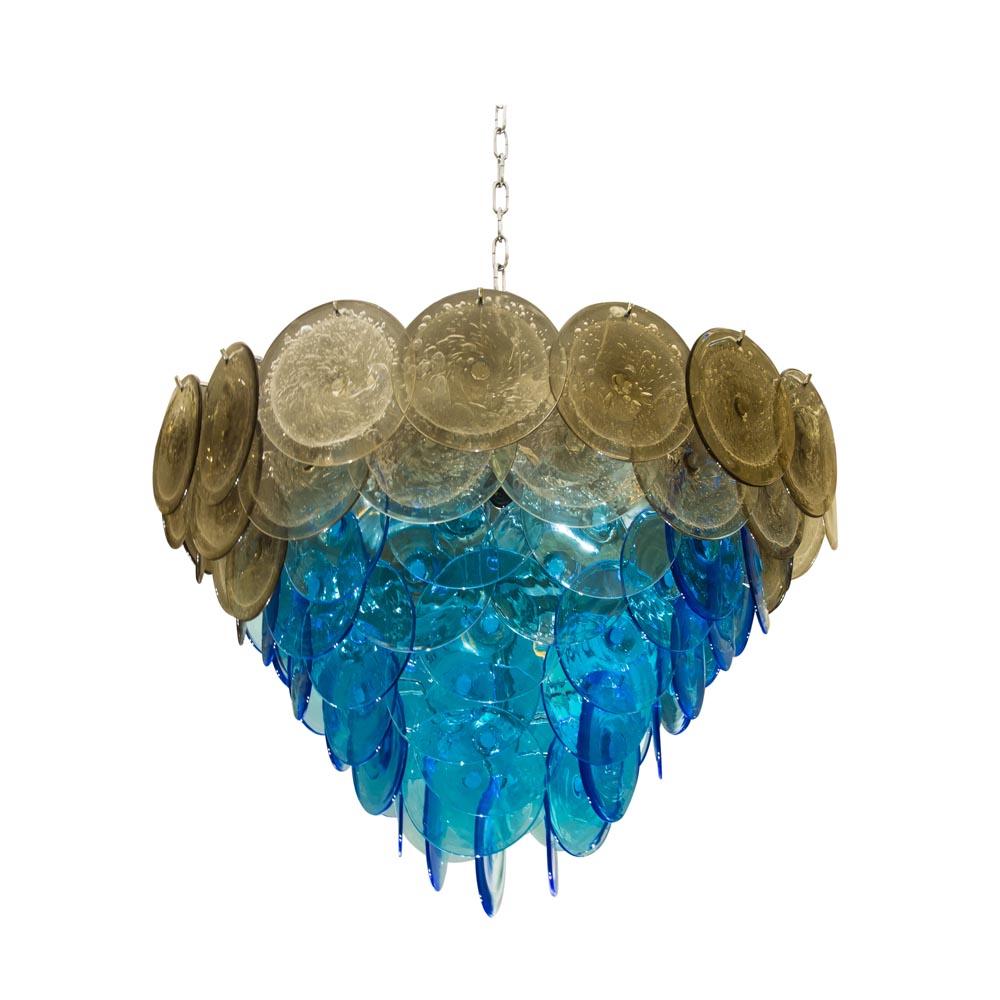 A very attractive Murano Disc ceiling light, blown Murano glass disk shaped components Aqua Blue and Bullicante Technique on a chromed steel structure. 
Adjustable height, Italian design the style of Vistosi.
This colors combination is very