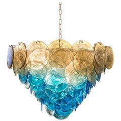 Italian 1970s Disc Ceiling Light Blue and Smoke Blown Glass Components Murano