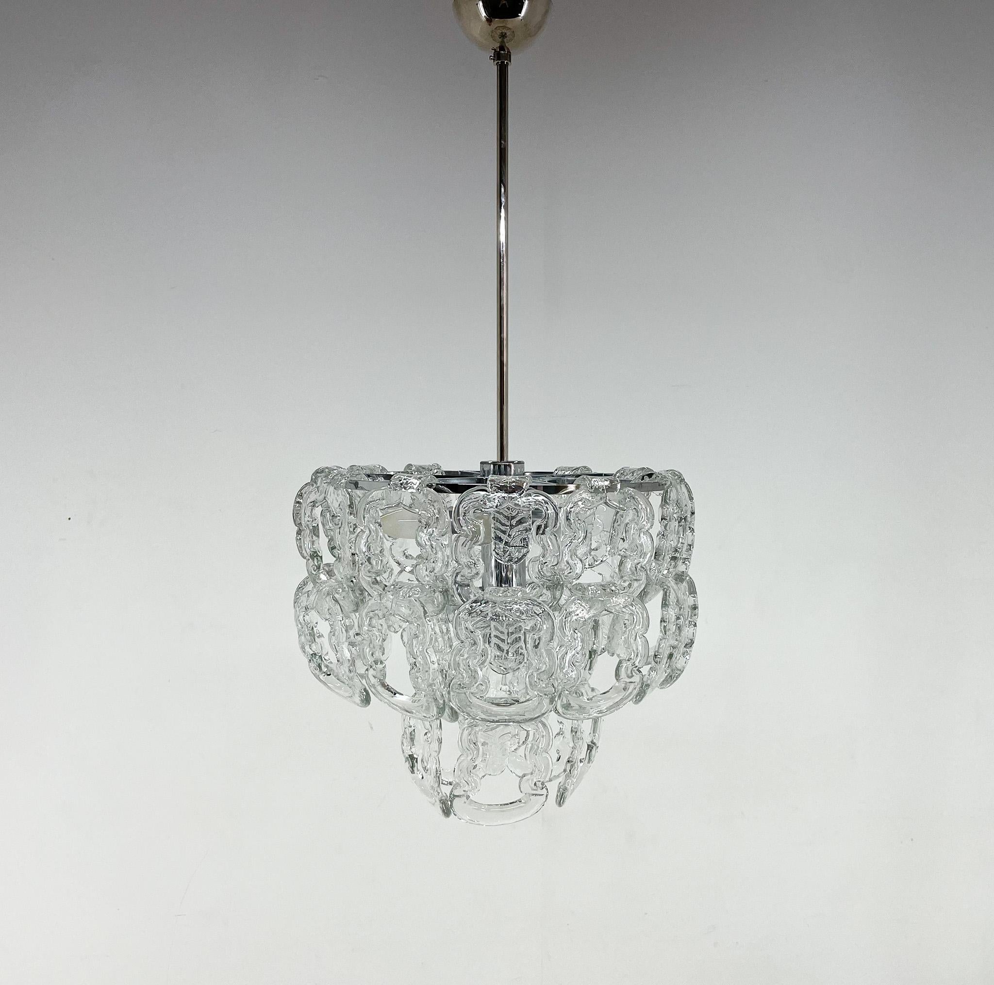 Vintage Murano glass chandelier with chrome frame. Designed by Angelo Mangiarotti for Vistosi. New wiring.