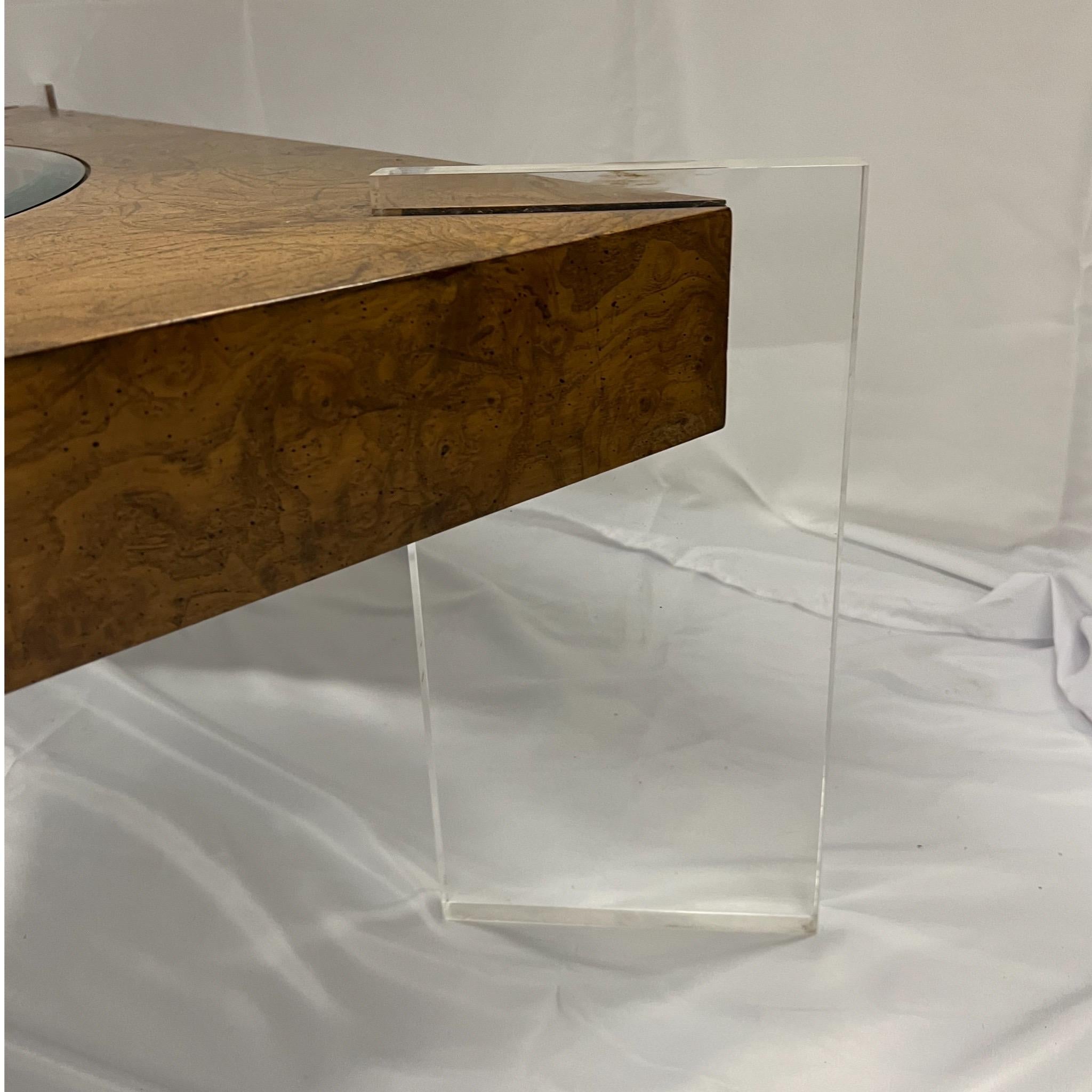 1970s Vladimir Kagan Burl Walnut, Lucite and Glass Low Table For Sale 8