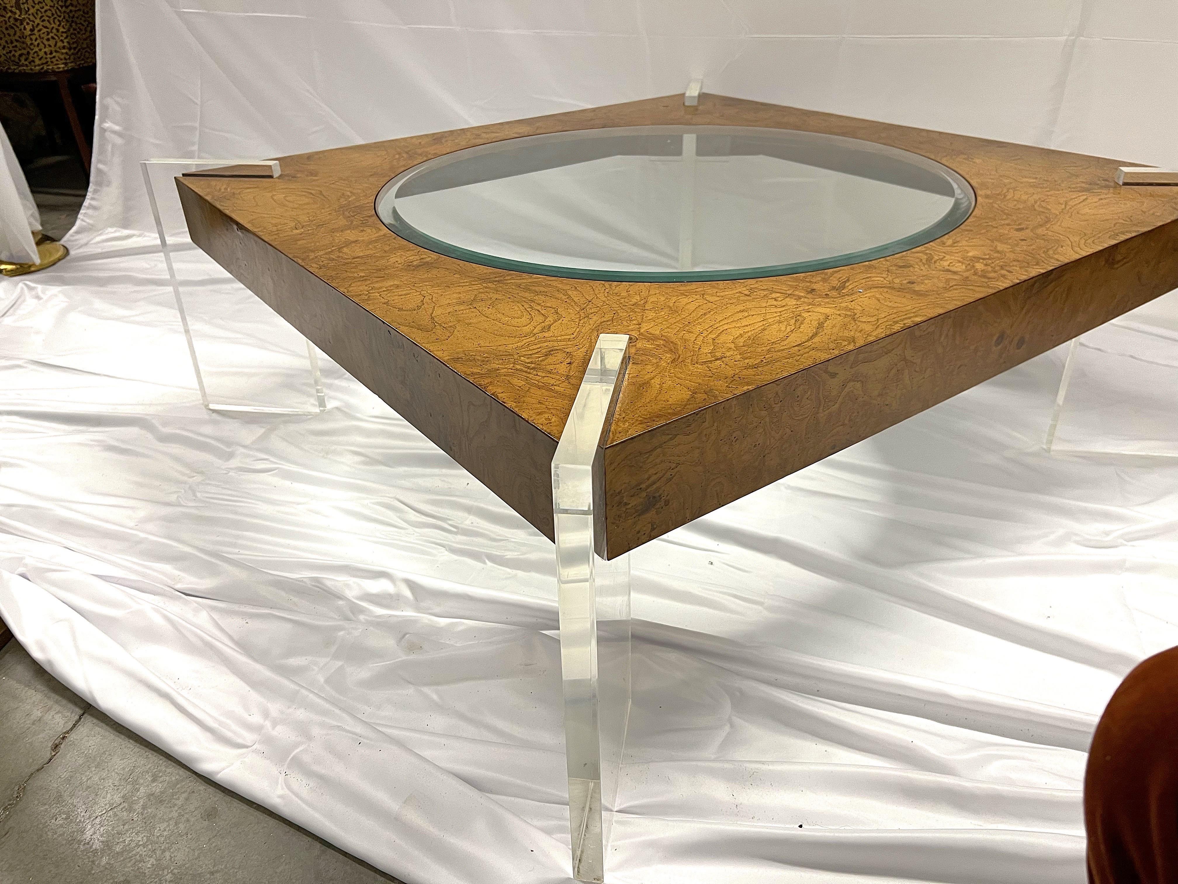 1970s Vladimir Kagan Burl Walnut, Lucite and Glass Low Table For Sale 9