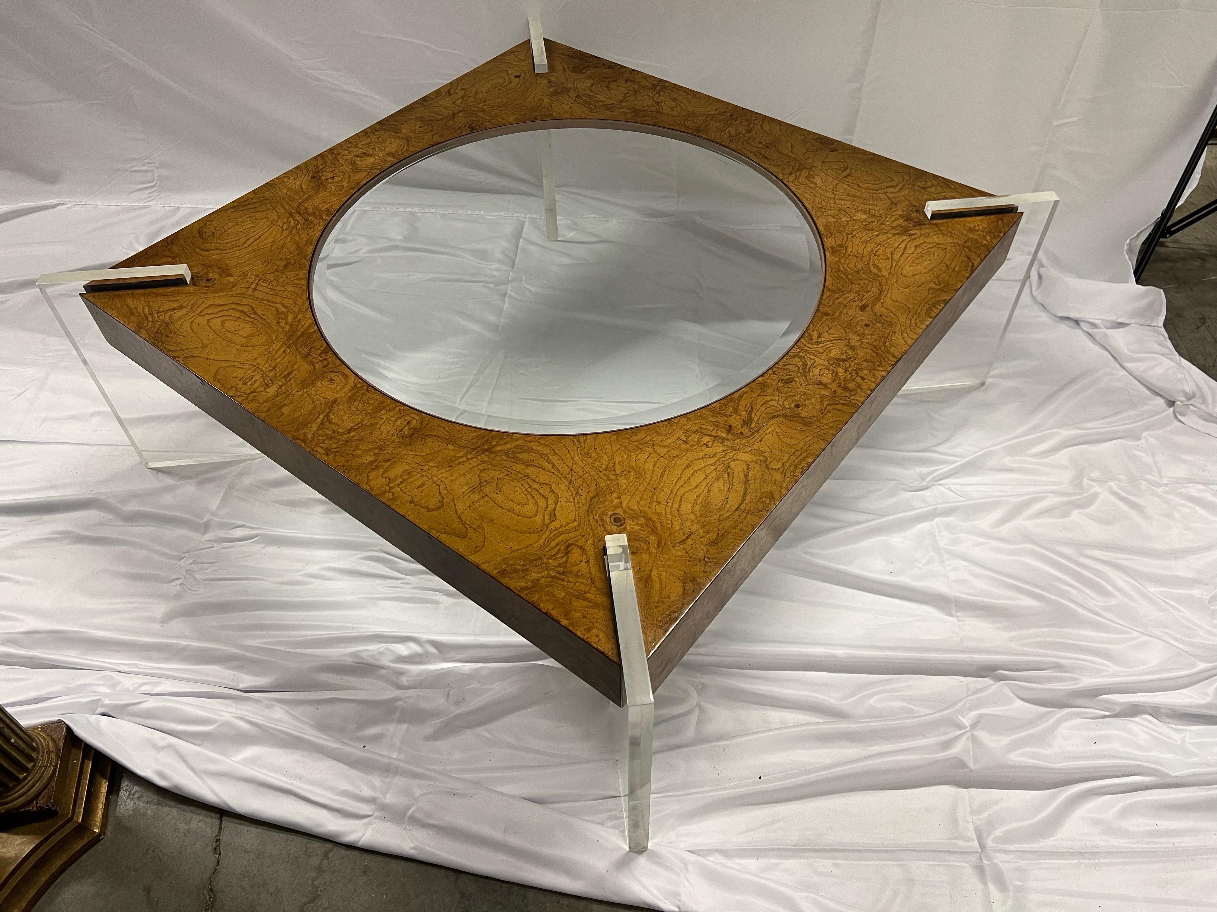 1970s Vladimir Kagan Burl Walnut, Lucite and Glass Low Table For Sale 10