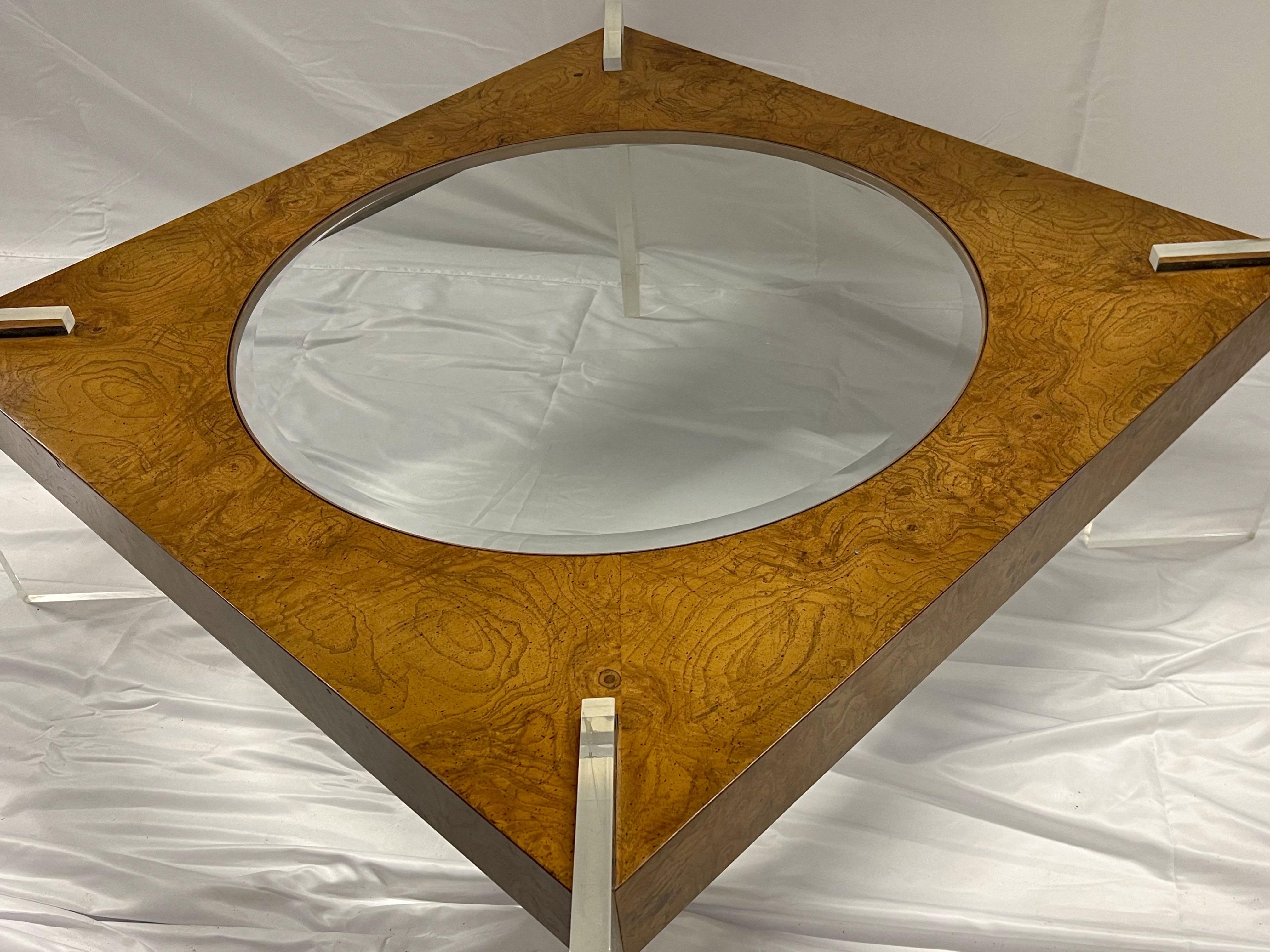 1970s Vladimir Kagan Burl Walnut, Lucite and Glass Low Table For Sale 11