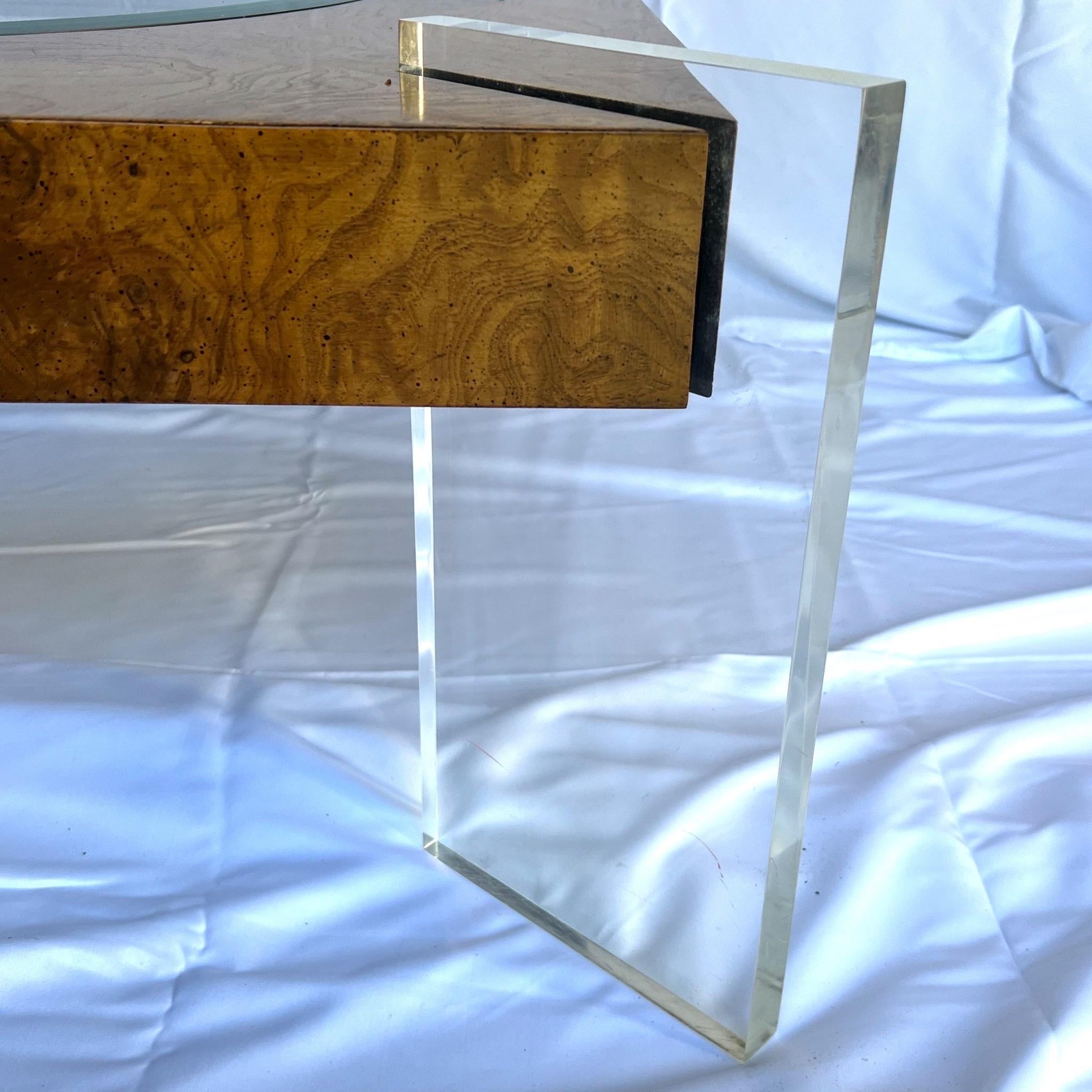 Mid-Century Modern 1970s Vladimir Kagan Burl Walnut, Lucite and Glass Low Table For Sale