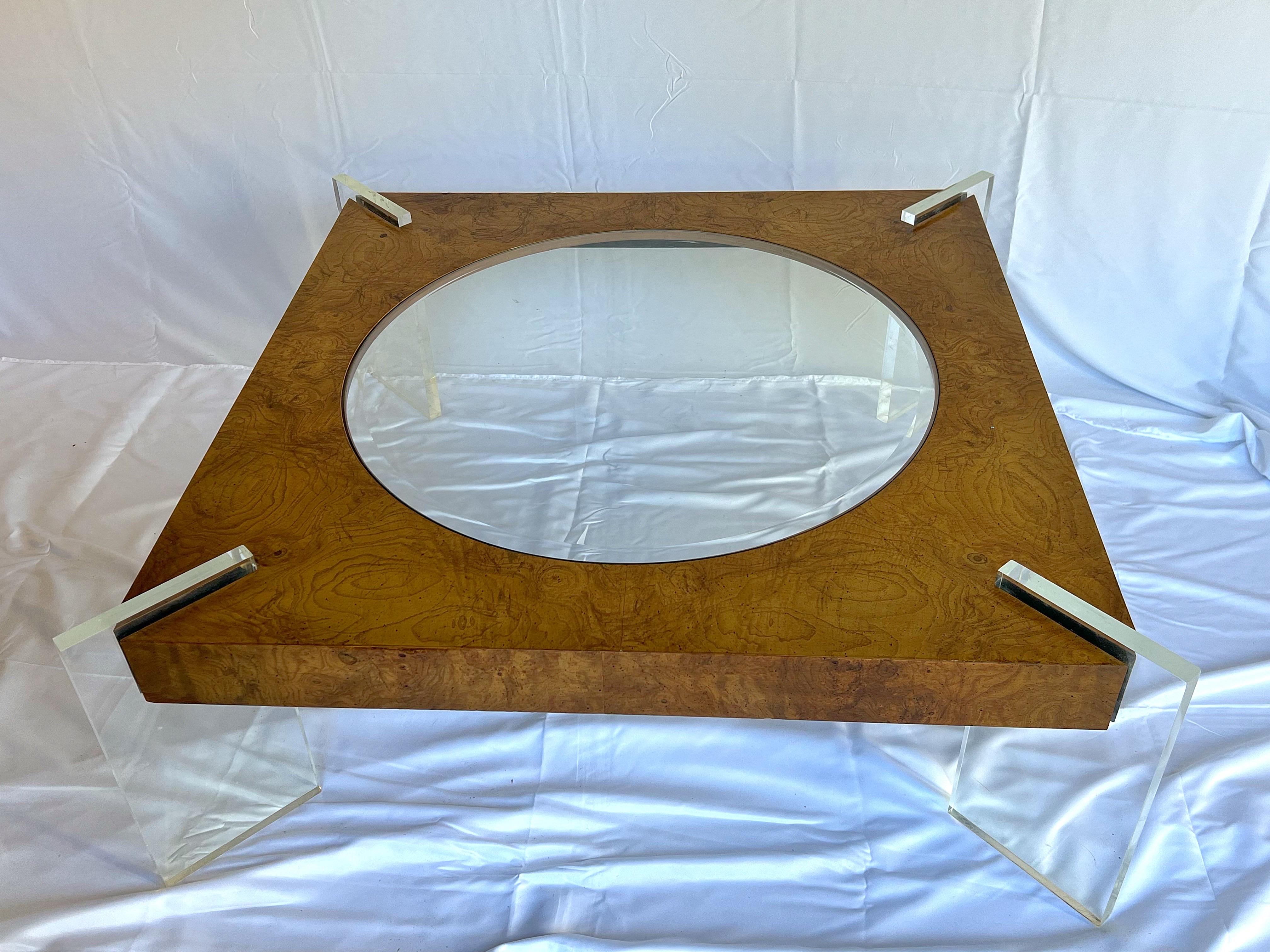 Late 20th Century 1970s Vladimir Kagan Burl Walnut, Lucite and Glass Low Table For Sale