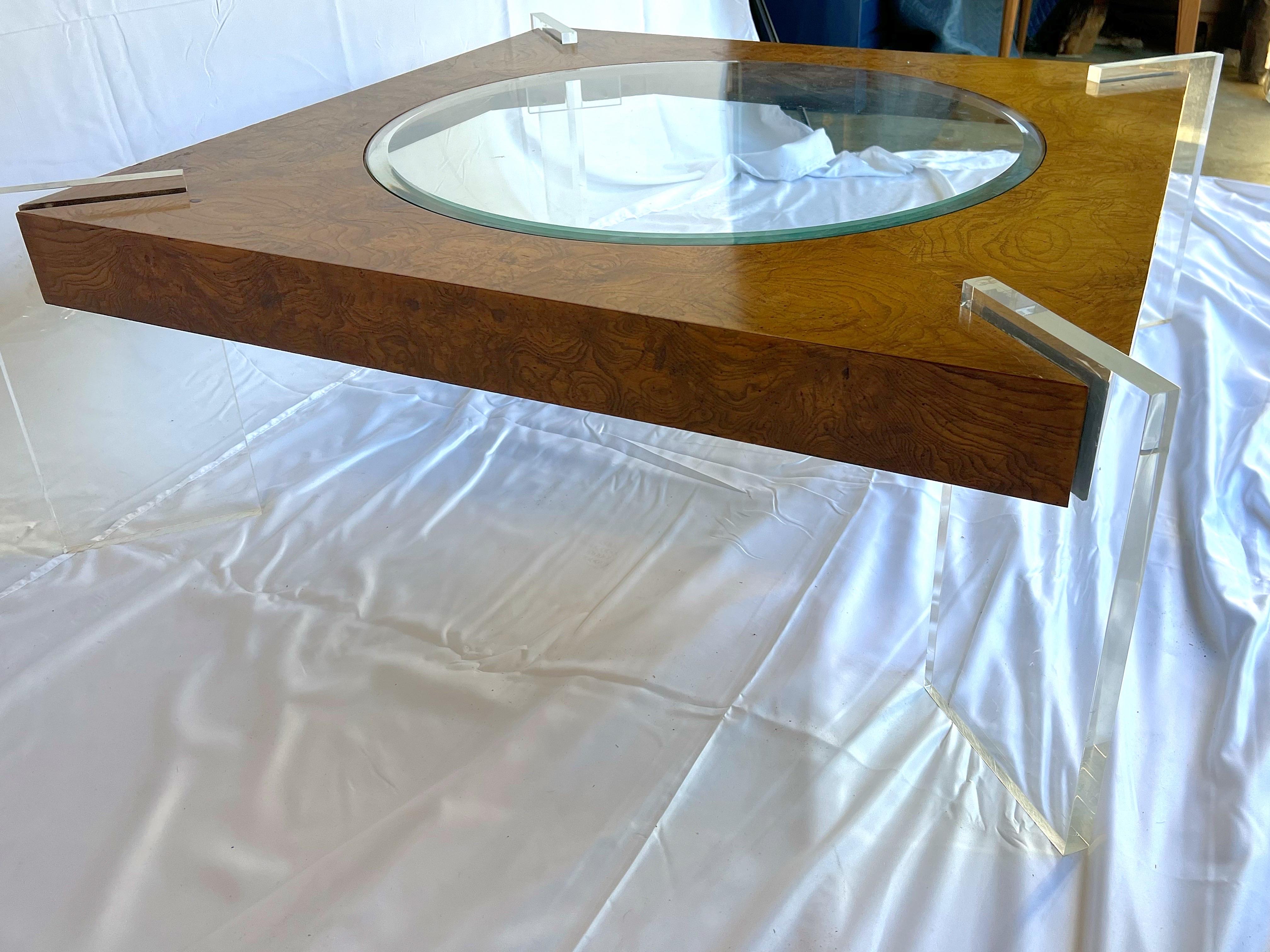 1970s Vladimir Kagan Burl Walnut, Lucite and Glass Low Table For Sale 1