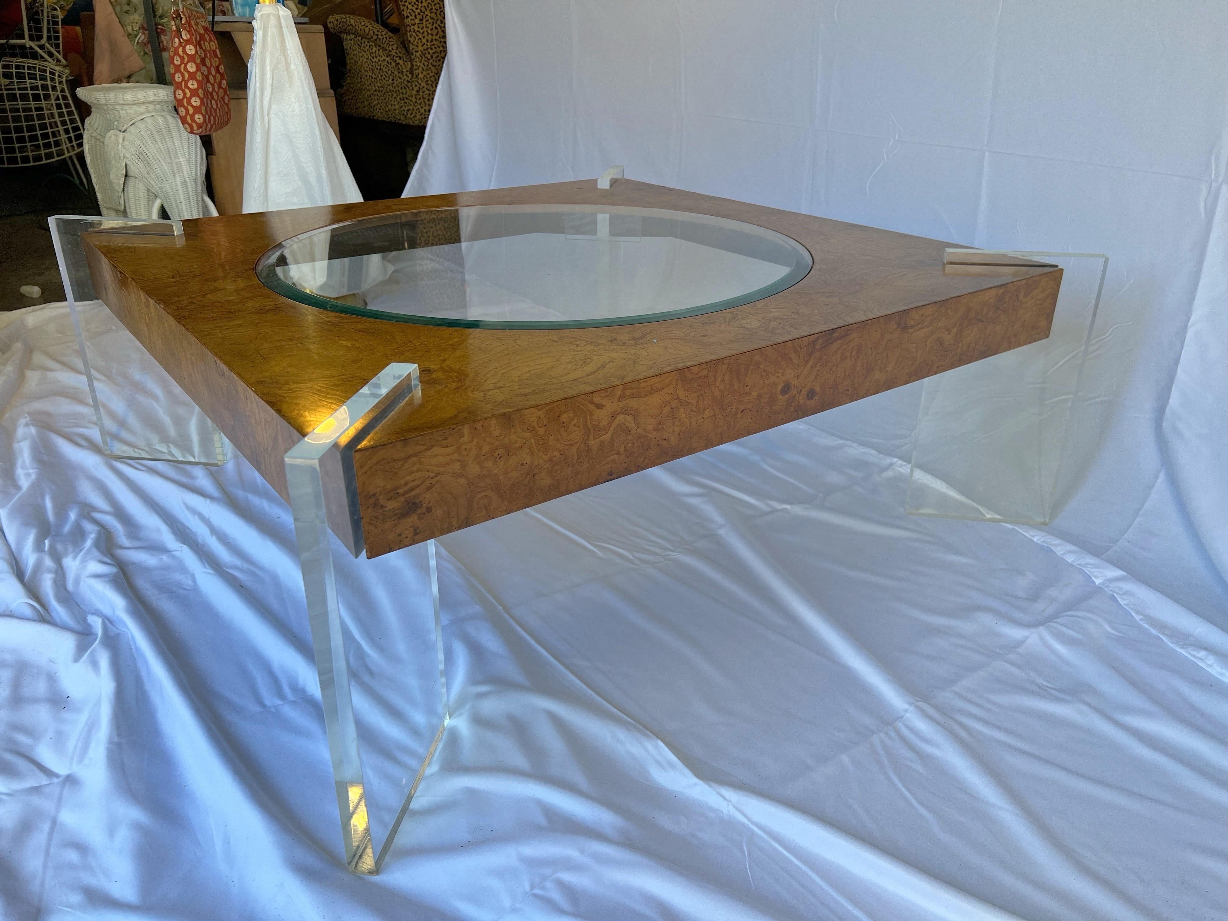 1970s Vladimir Kagan Burl Walnut, Lucite and Glass Low Table For Sale 2