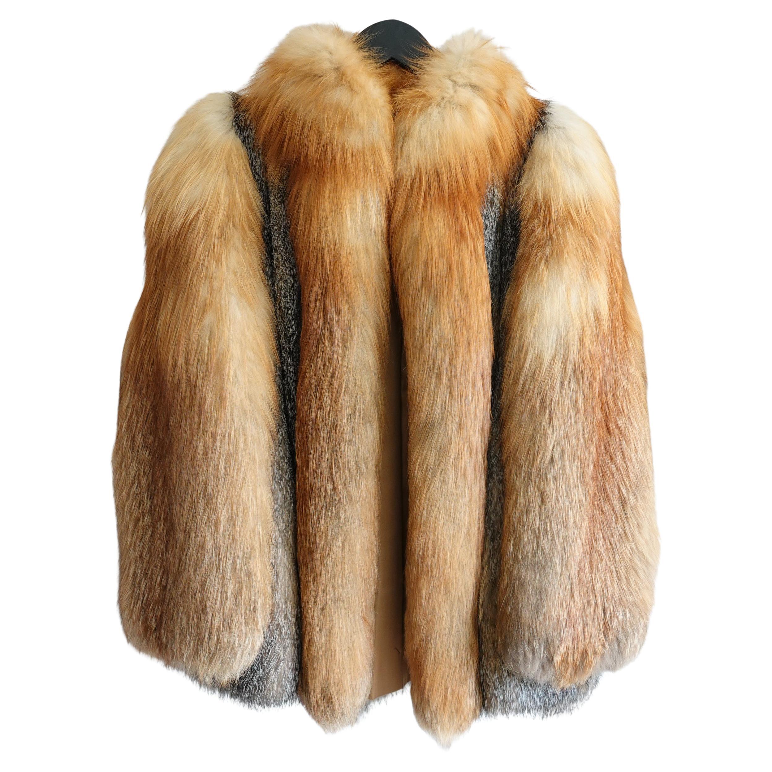 1970s Voluminous Red Fox Fur Cropped Jacket with Natural Silver Fox Panels