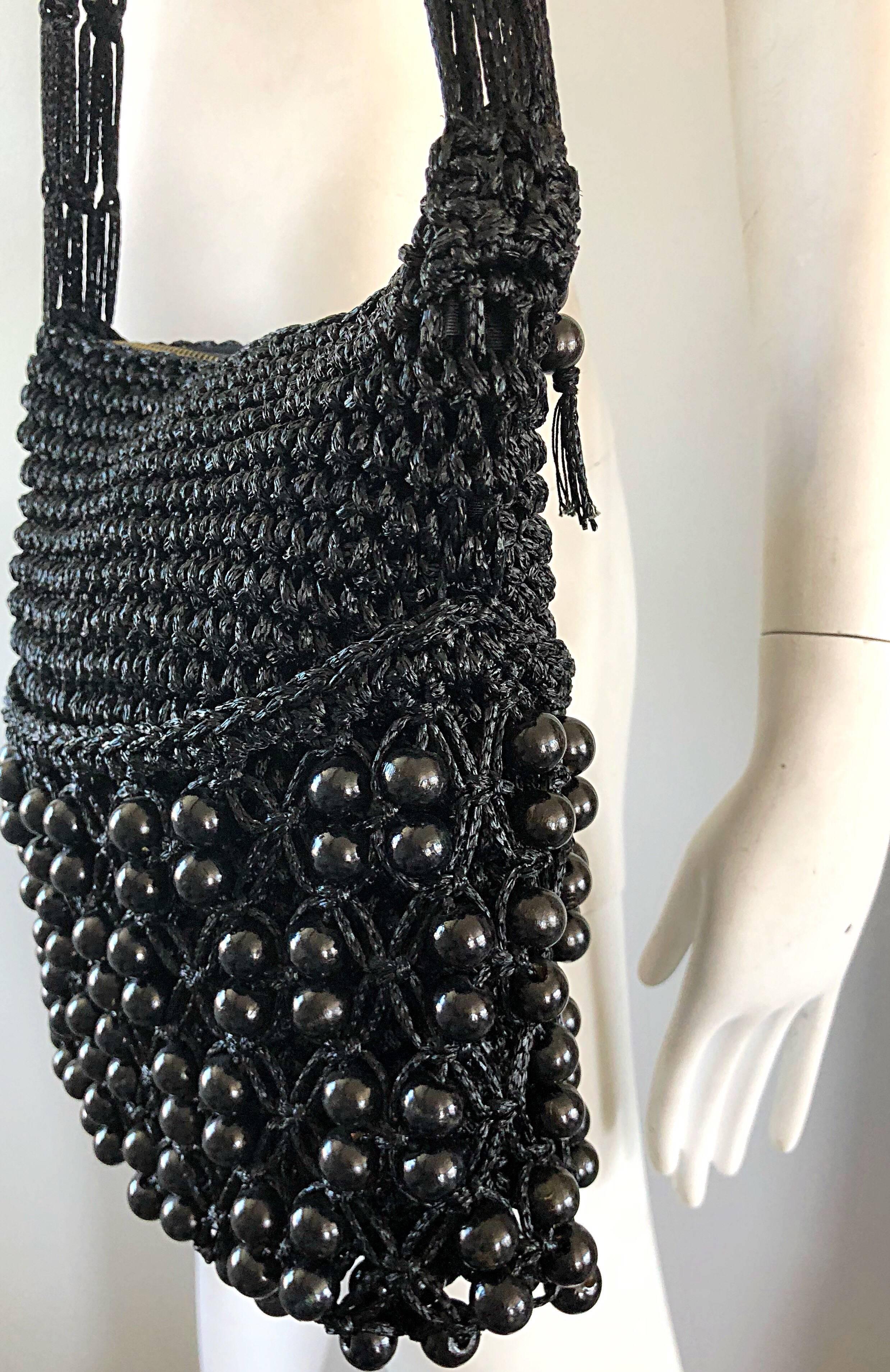 1970s Walborg Black Crochet Knit Beaded Vintage 70s Shoulder Bag Handbag Purse  In Excellent Condition For Sale In San Diego, CA