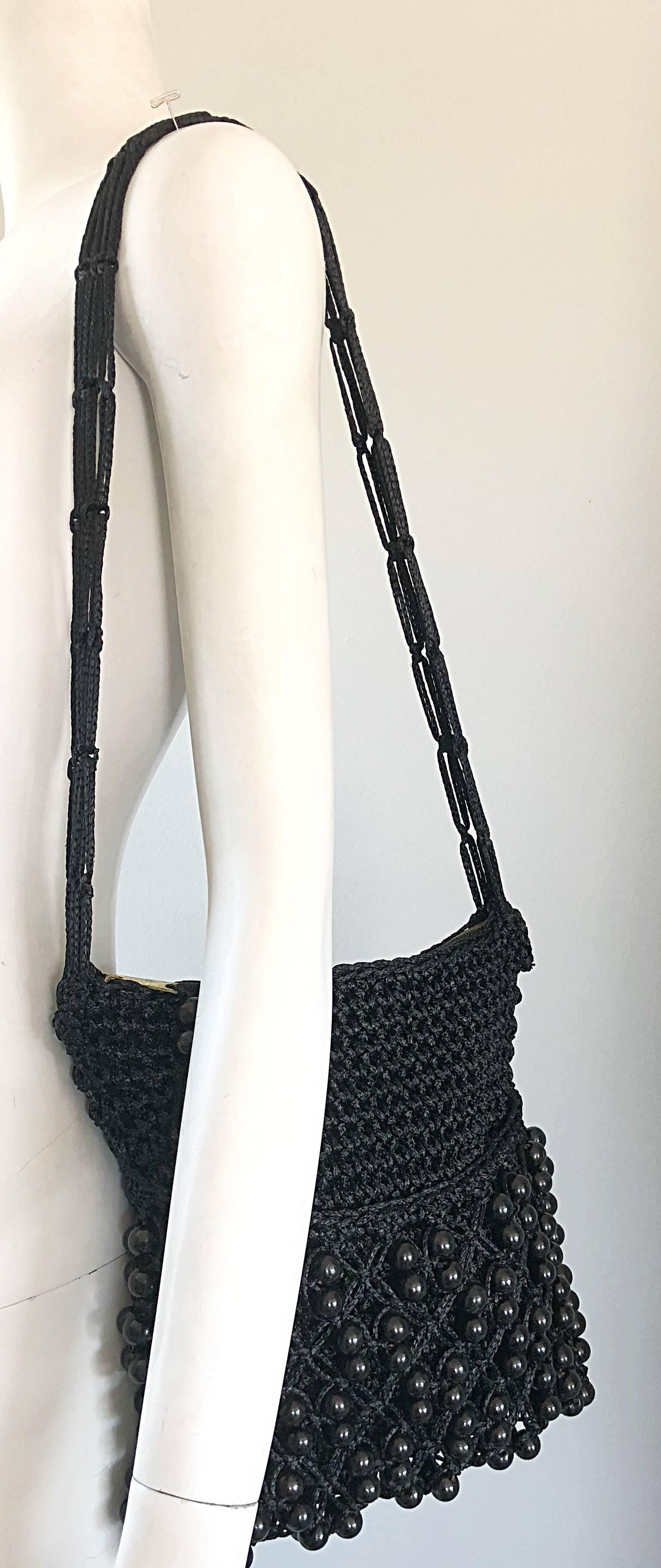 Women's 1970s Walborg Black Crochet Knit Beaded Vintage 70s Shoulder Bag Handbag Purse  For Sale