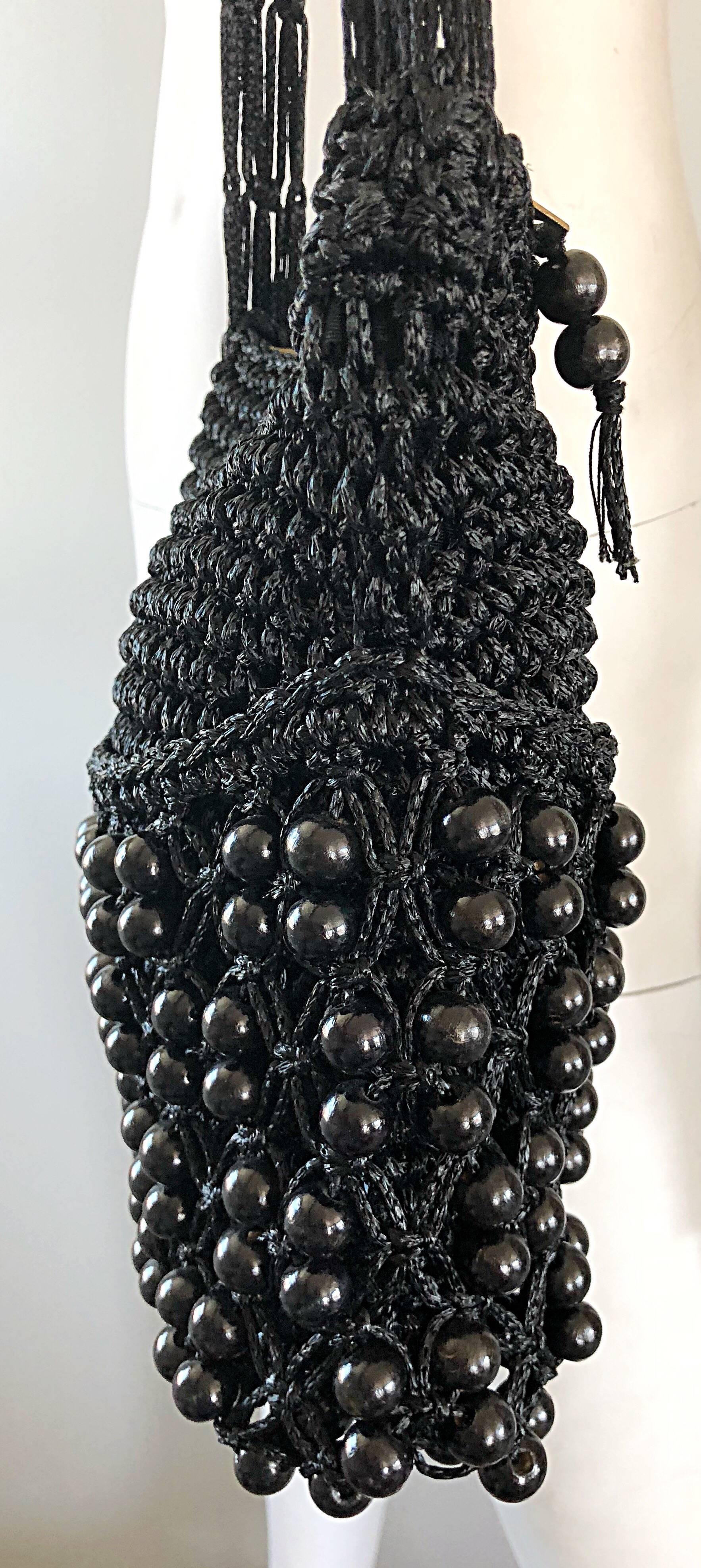 1970s Walborg Black Crochet Knit Beaded Vintage 70s Shoulder Bag Handbag Purse  For Sale 1