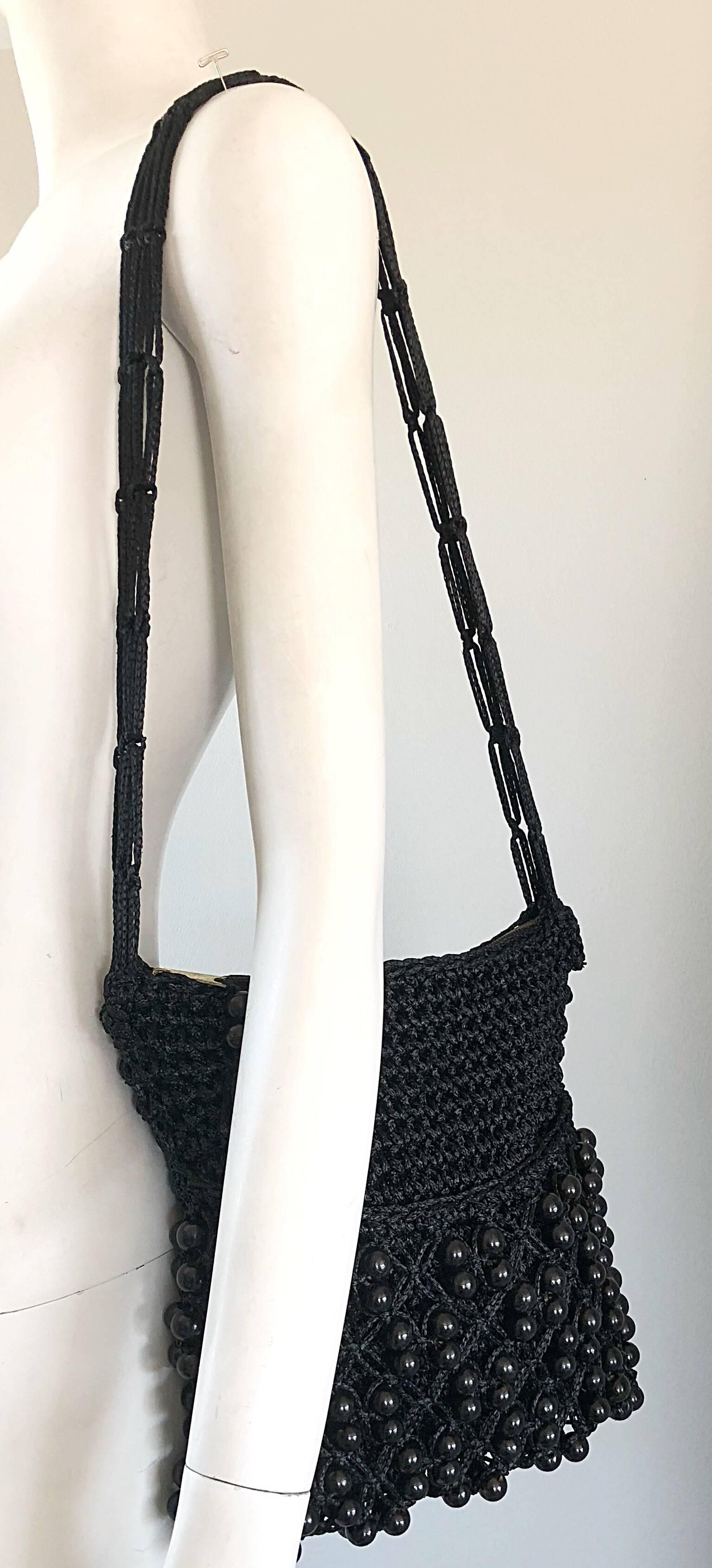 1970s Walborg Black Crochet Knit Beaded Vintage 70s Shoulder Bag Handbag Purse  For Sale 2