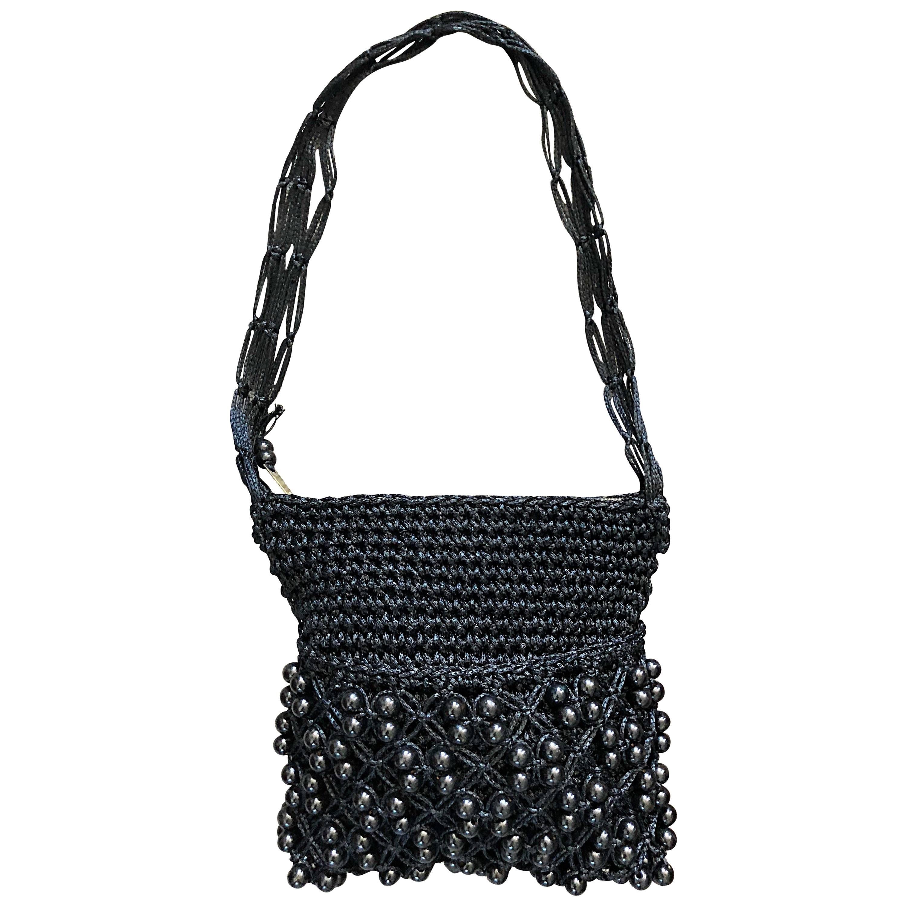 1970er Walborg Schwarz Crochet Knit Perlen Vintage 70er Jahre Umhängetasche Handtasche Geldbörse