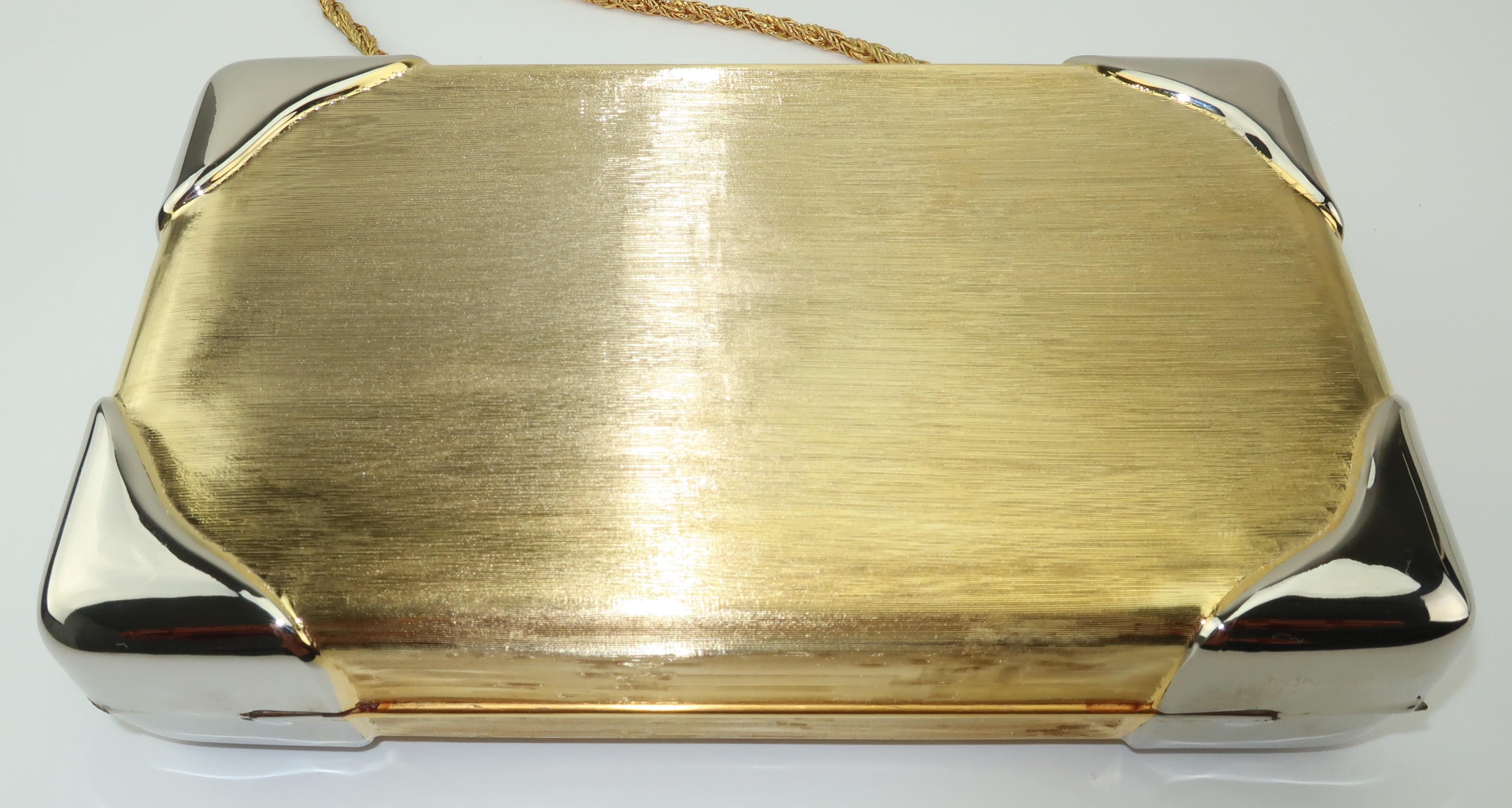 1970's Walborg Brushed Gold & Silver Box Handbag Clutch In Good Condition In Atlanta, GA