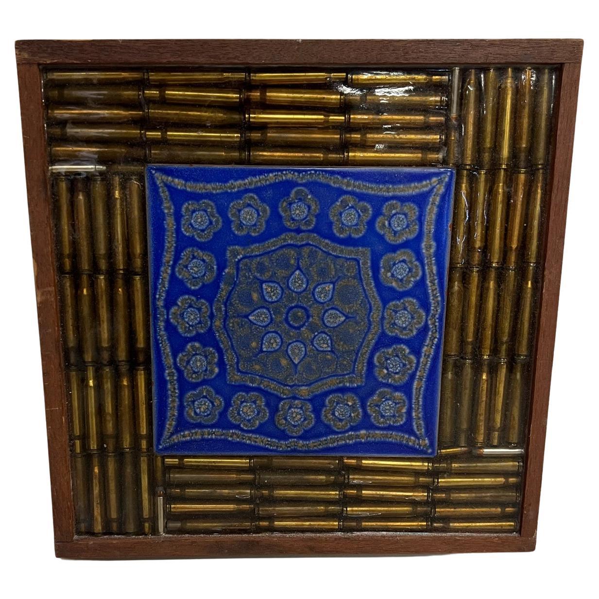 1970s Wall Art Framed Bullet Mosaic with Decorative Blue Tile