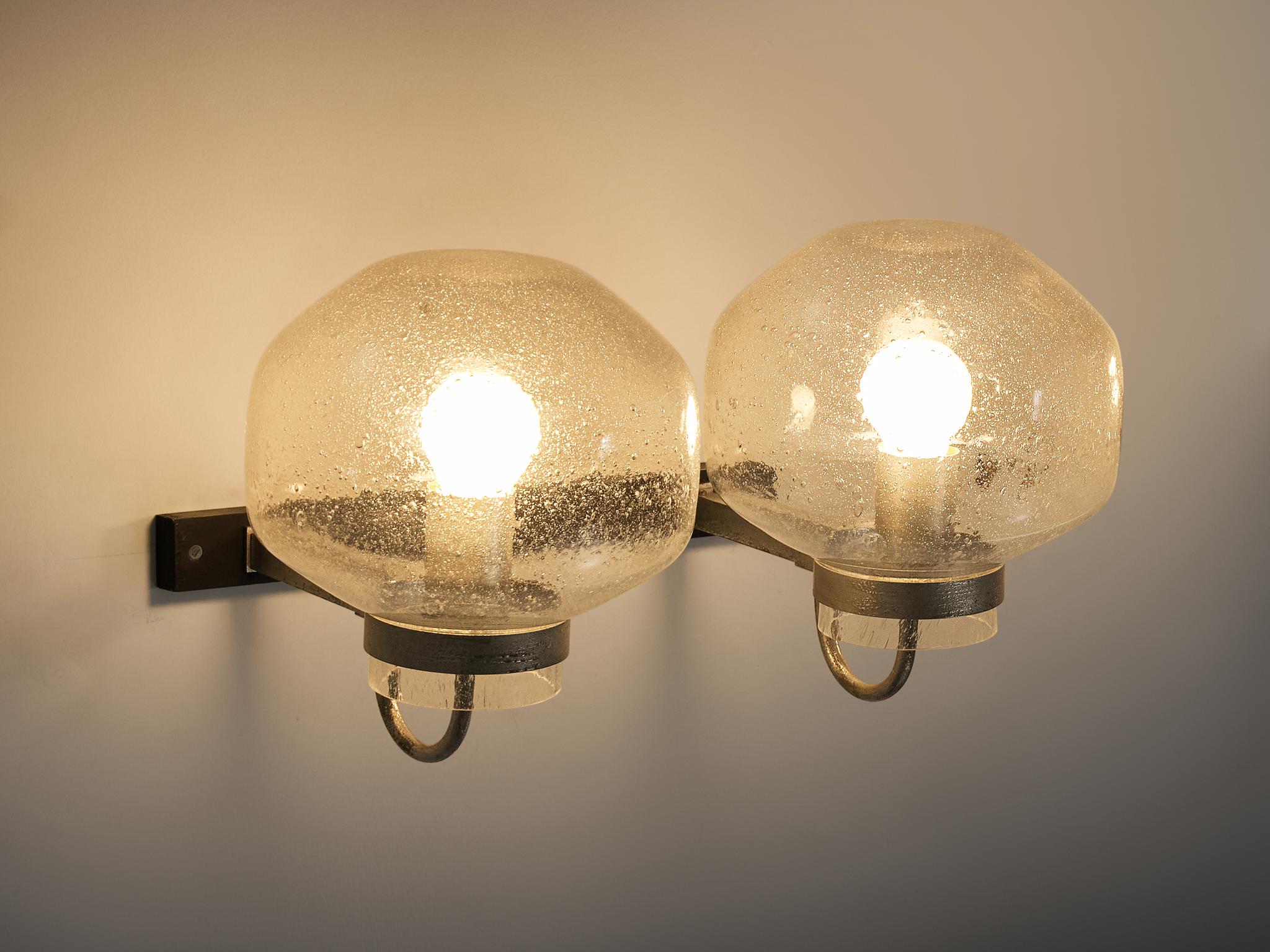 1970s Wall Light in Black-Coated Aluminum and Blown Glass In Good Condition For Sale In Waalwijk, NL